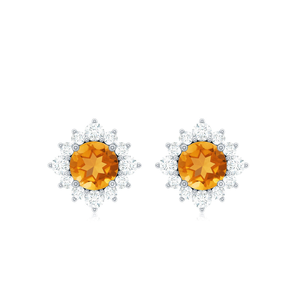 Citrine Stud Earrings – 1 CT Round Citrine with Diamond Halo in Solid Gold