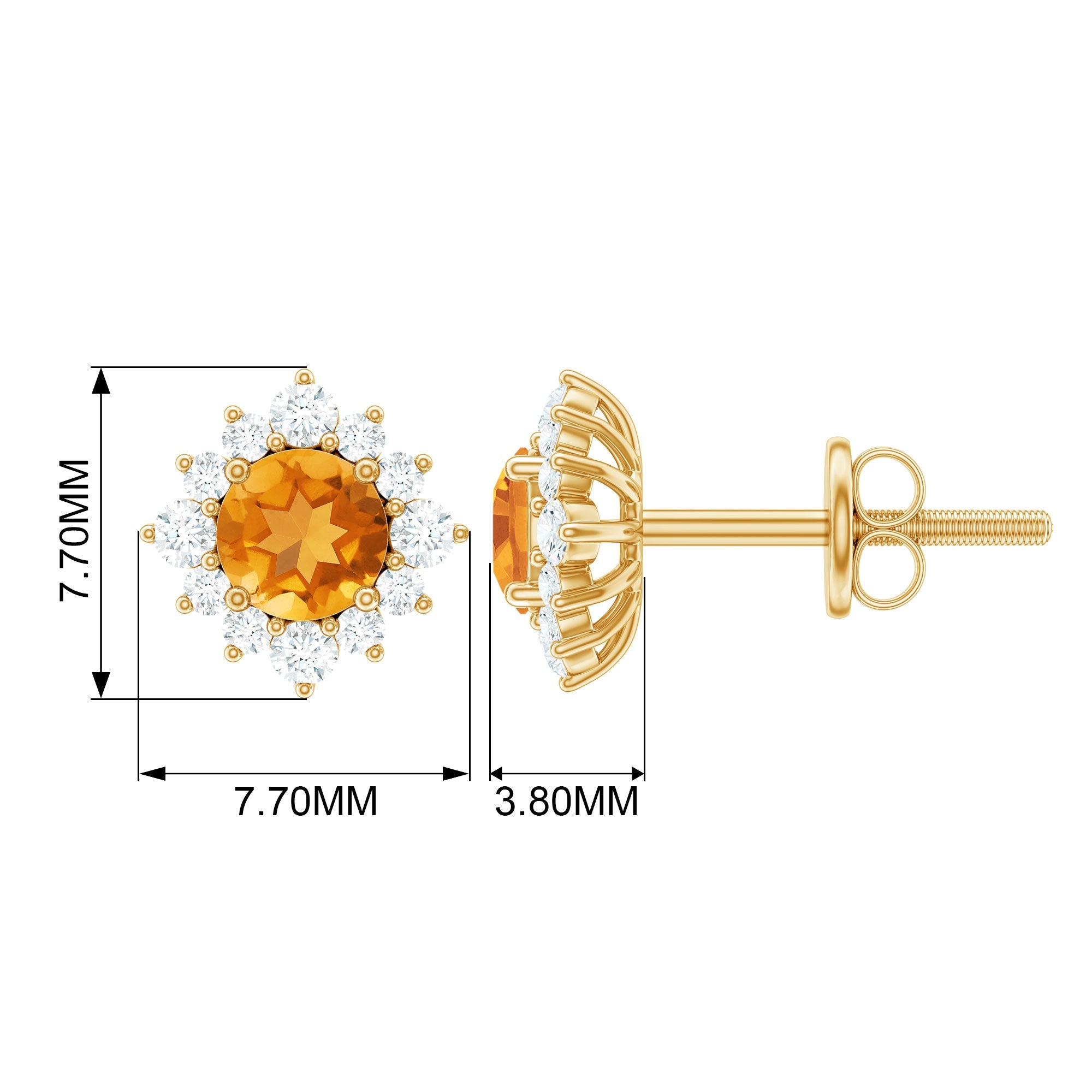 Citrine Stud Earrings – 1 CT Round Citrine with Diamond Halo in Solid Gold