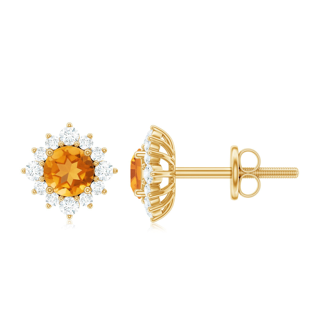 Citrine Stud Earrings – 1 CT Round Citrine with Diamond Halo in Solid Gold