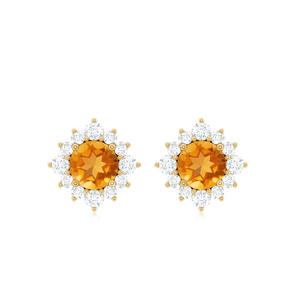 Citrine Stud Earrings – 1 CT Round Citrine with Diamond Halo in Solid Gold