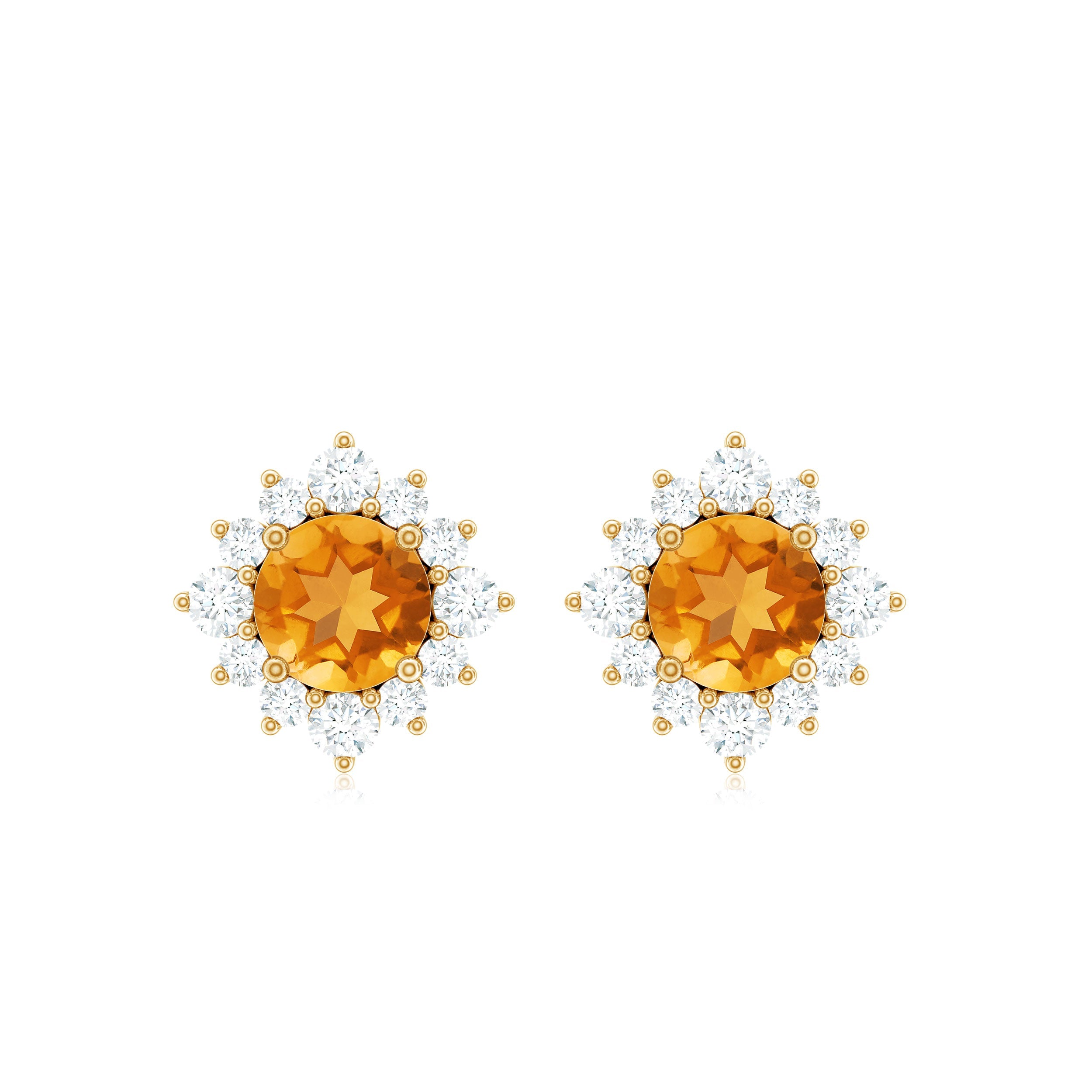 Citrine Stud Earrings – 1 CT Round Citrine with Diamond Halo in Solid Gold