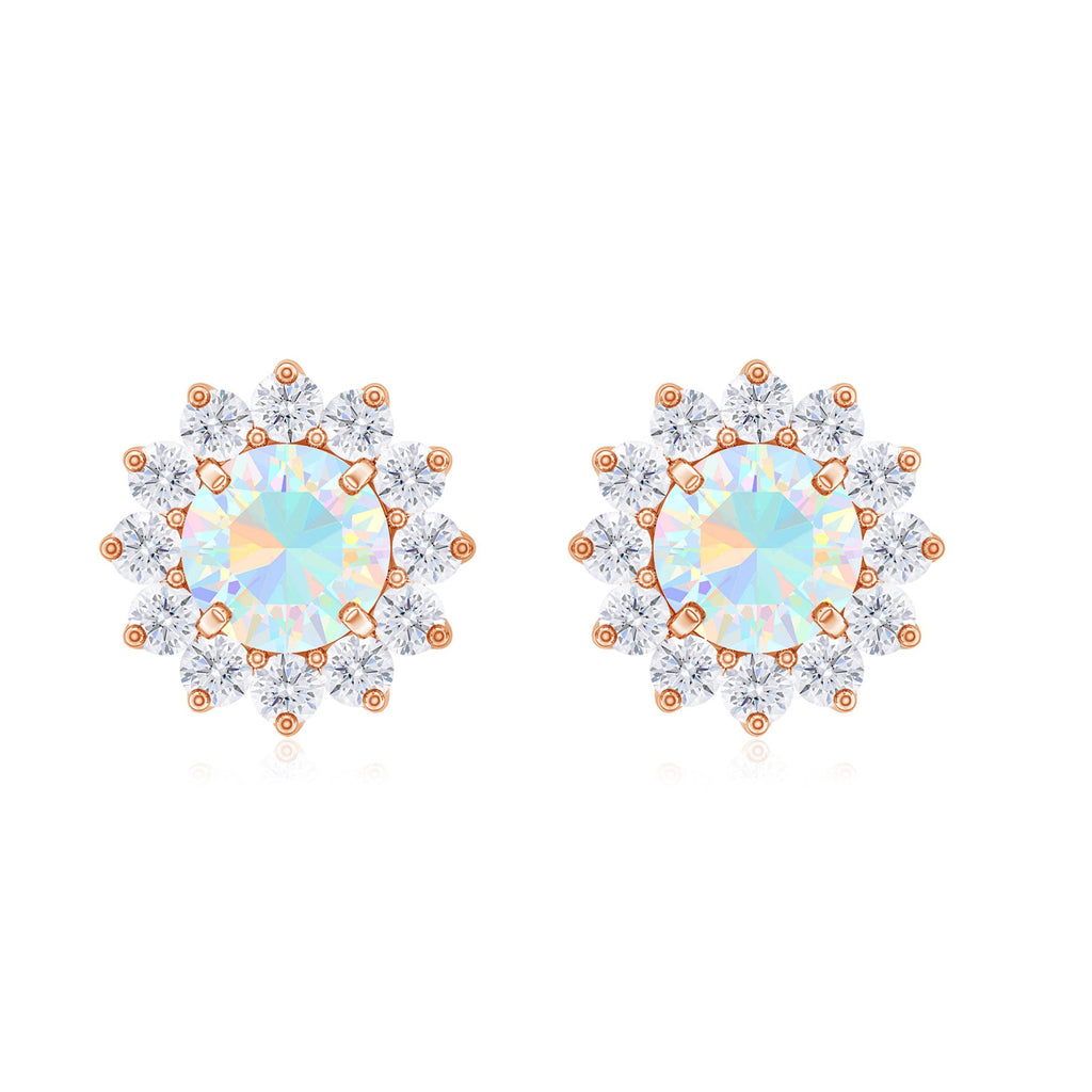 Real Ethiopian Opal Flower Stud Earrings with Diamond Halo