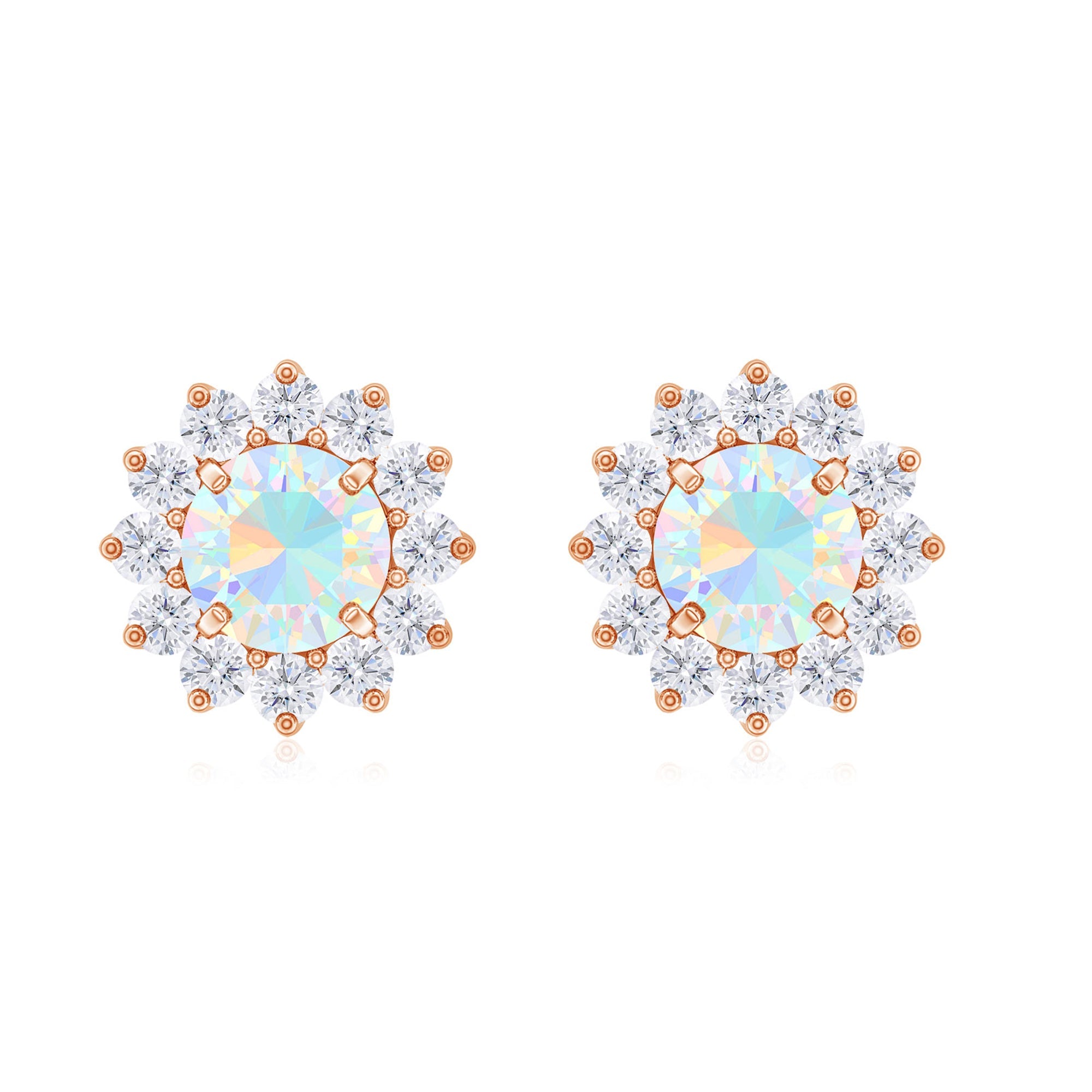 Real Ethiopian Opal Flower Stud Earrings with Diamond Halo