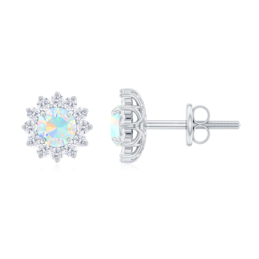 Real Ethiopian Opal Flower Stud Earrings with Diamond Halo