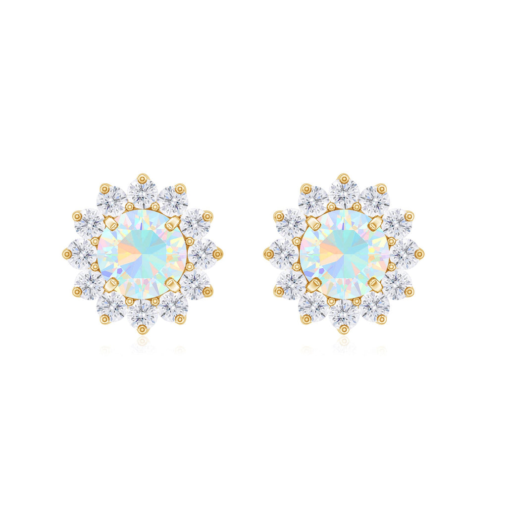 Real Ethiopian Opal Flower Stud Earrings with Diamond Halo
