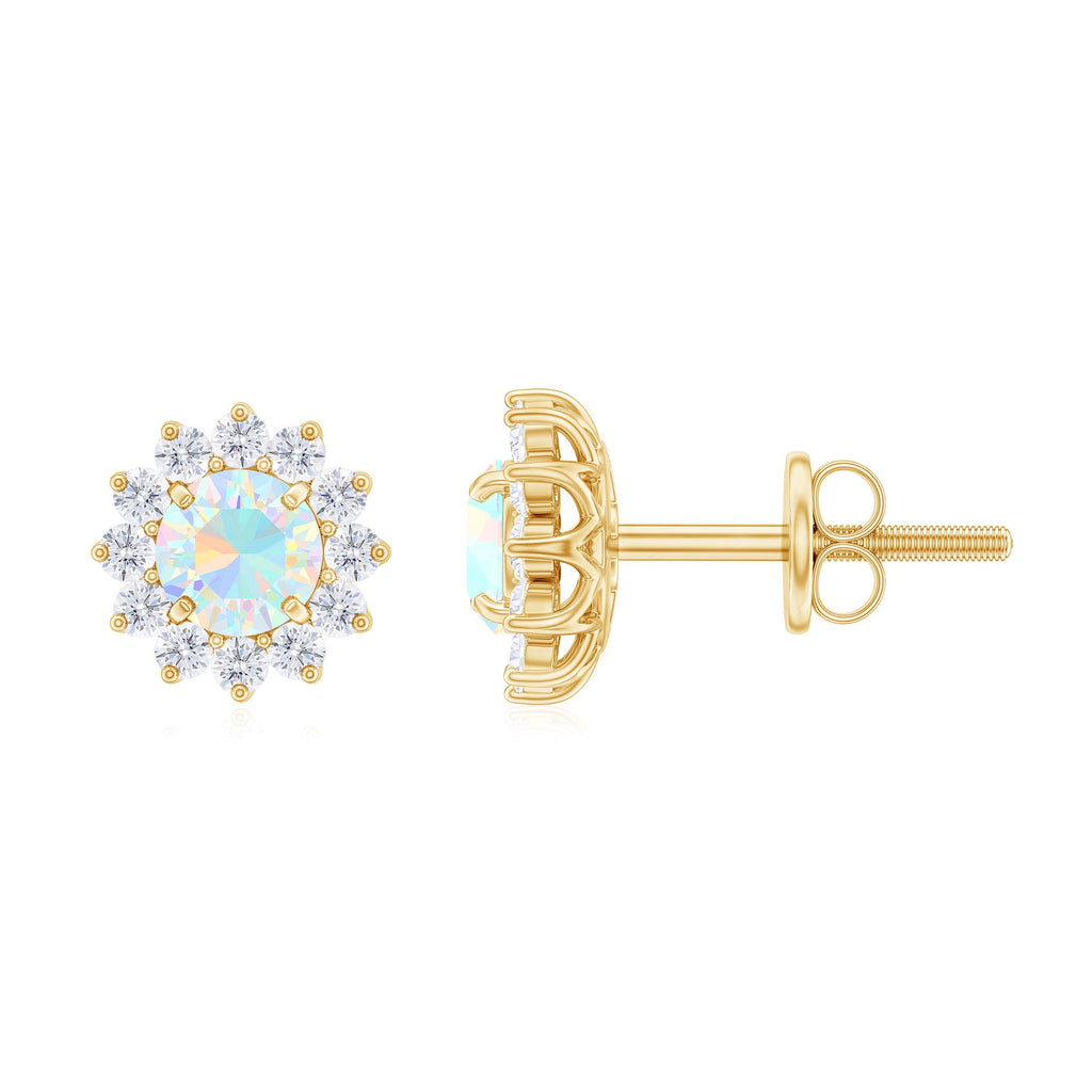 Real Ethiopian Opal Flower Stud Earrings with Diamond Halo