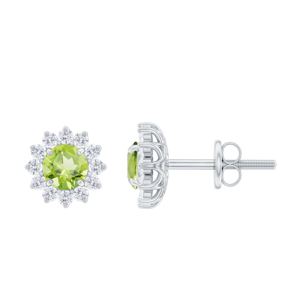 Peridot Stud Earrings – 1 Carat Peridot Earrings with Diamond Halo Floral Design
