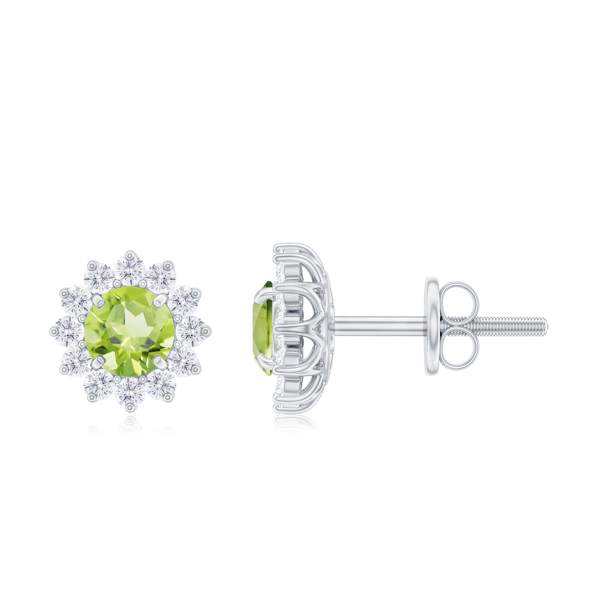Peridot Stud Earrings – 1 Carat Peridot Earrings with Diamond Halo Floral Design