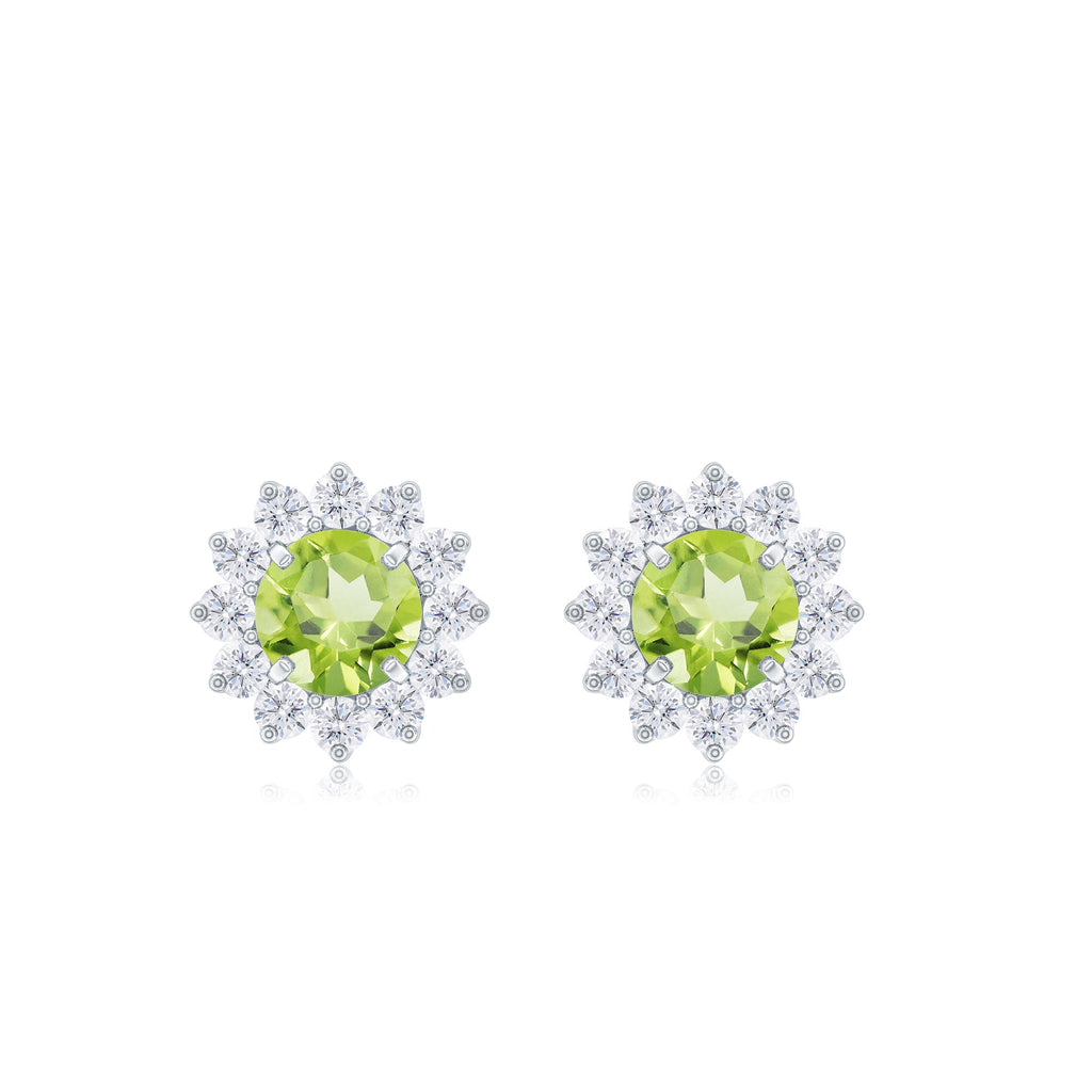Peridot Stud Earrings – 1 Carat Peridot Earrings with Diamond Halo Floral Design