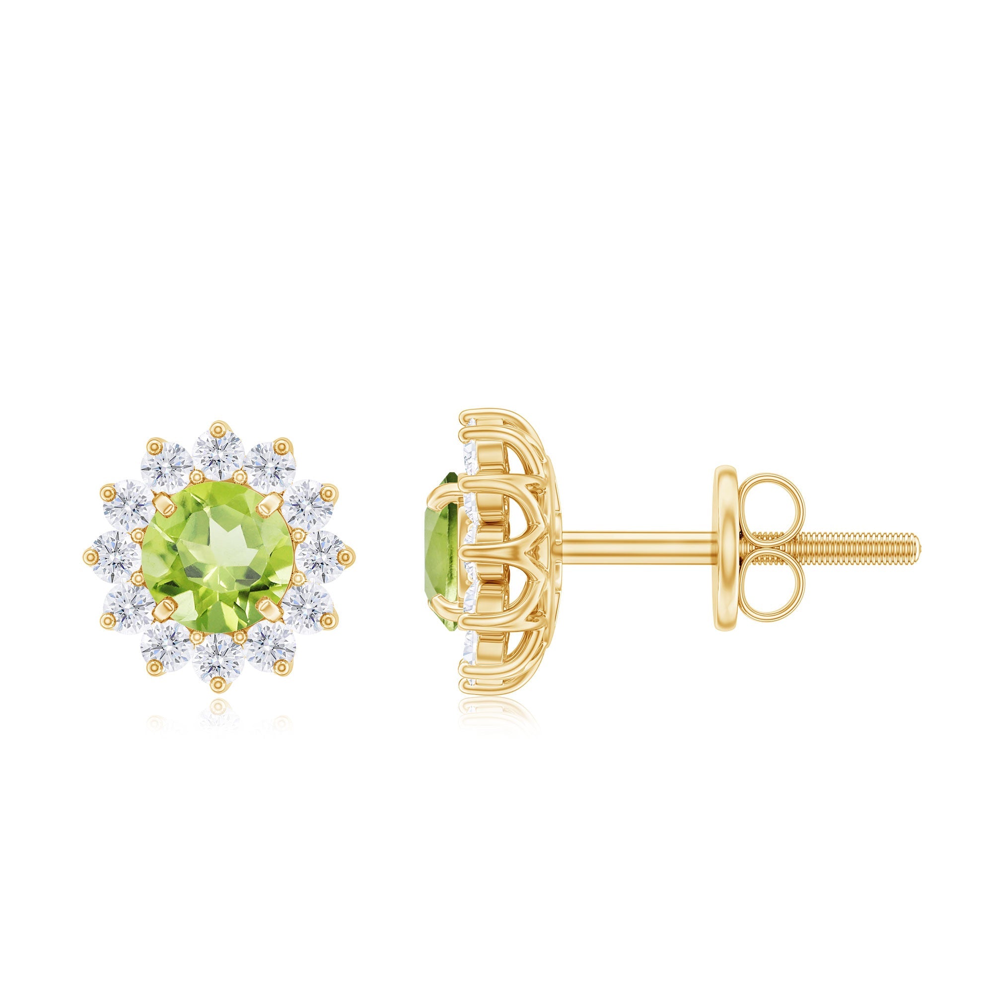 Peridot Stud Earrings – 1 Carat Peridot Earrings with Diamond Halo Floral Design