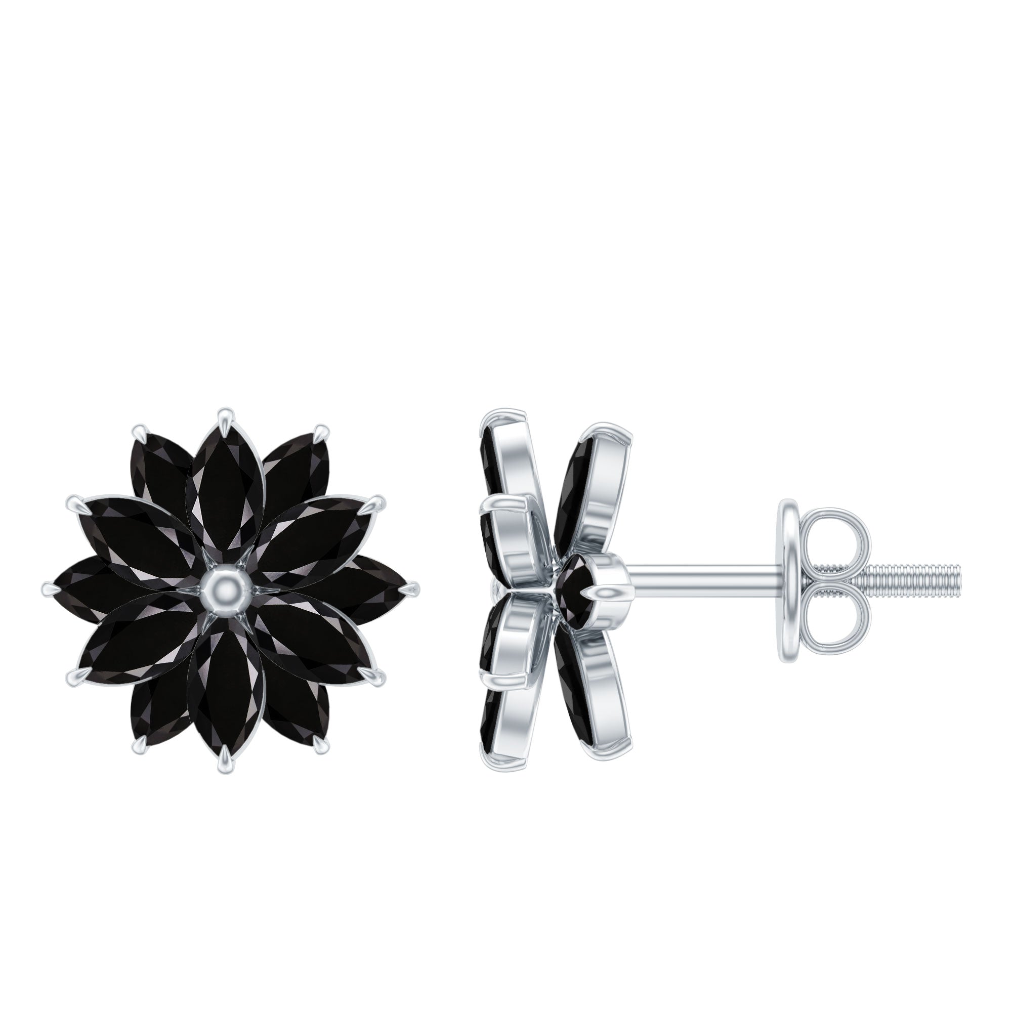 Black Onyx Earrings – Marquise Shape Floral Studs With Secure Screw Backs
