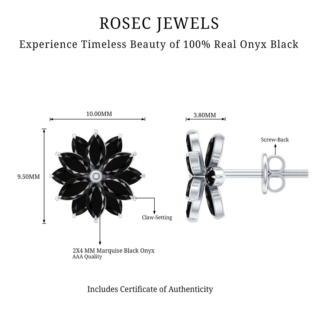 Black Onyx Earrings – Marquise Shape Floral Studs With Secure Screw Backs