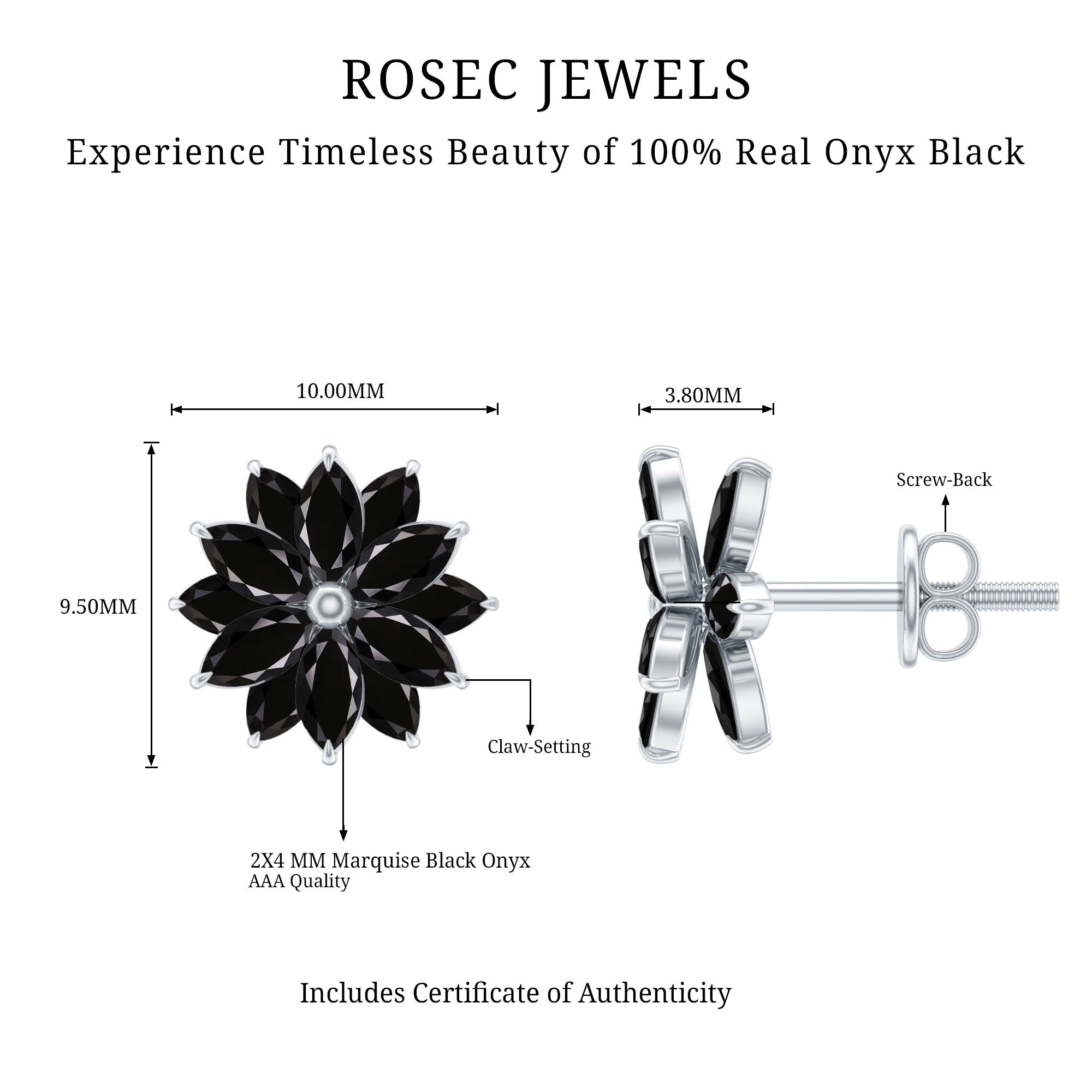 Black Onyx Earrings – Marquise Shape Floral Studs With Secure Screw Backs