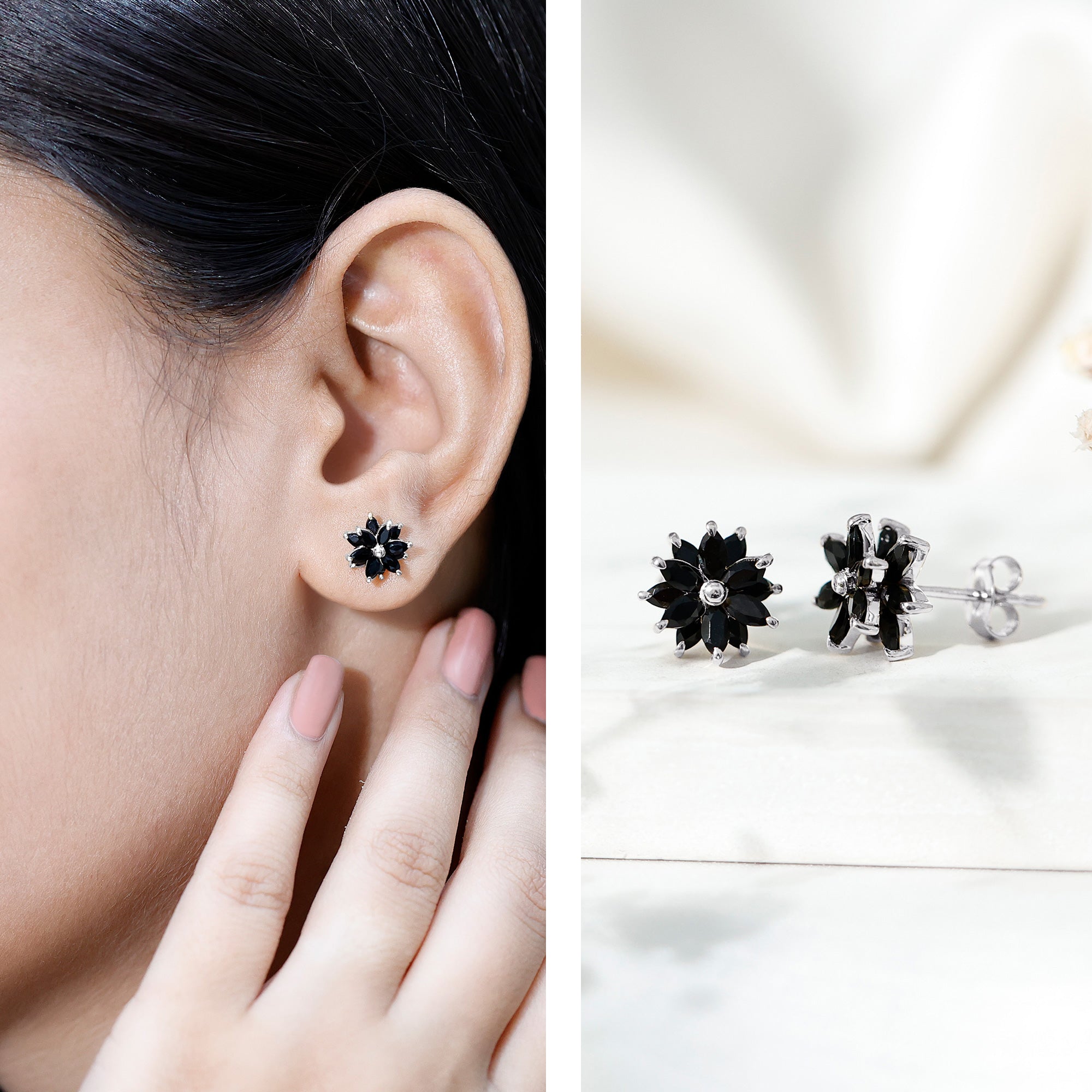 Black Onyx Earrings – Marquise Shape Floral Studs With Secure Screw Backs