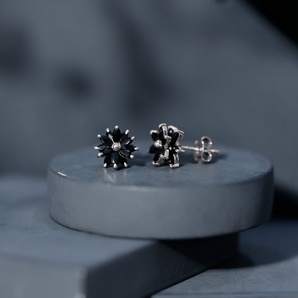 Black Onyx Earrings – Marquise Shape Floral Studs With Secure Screw Backs