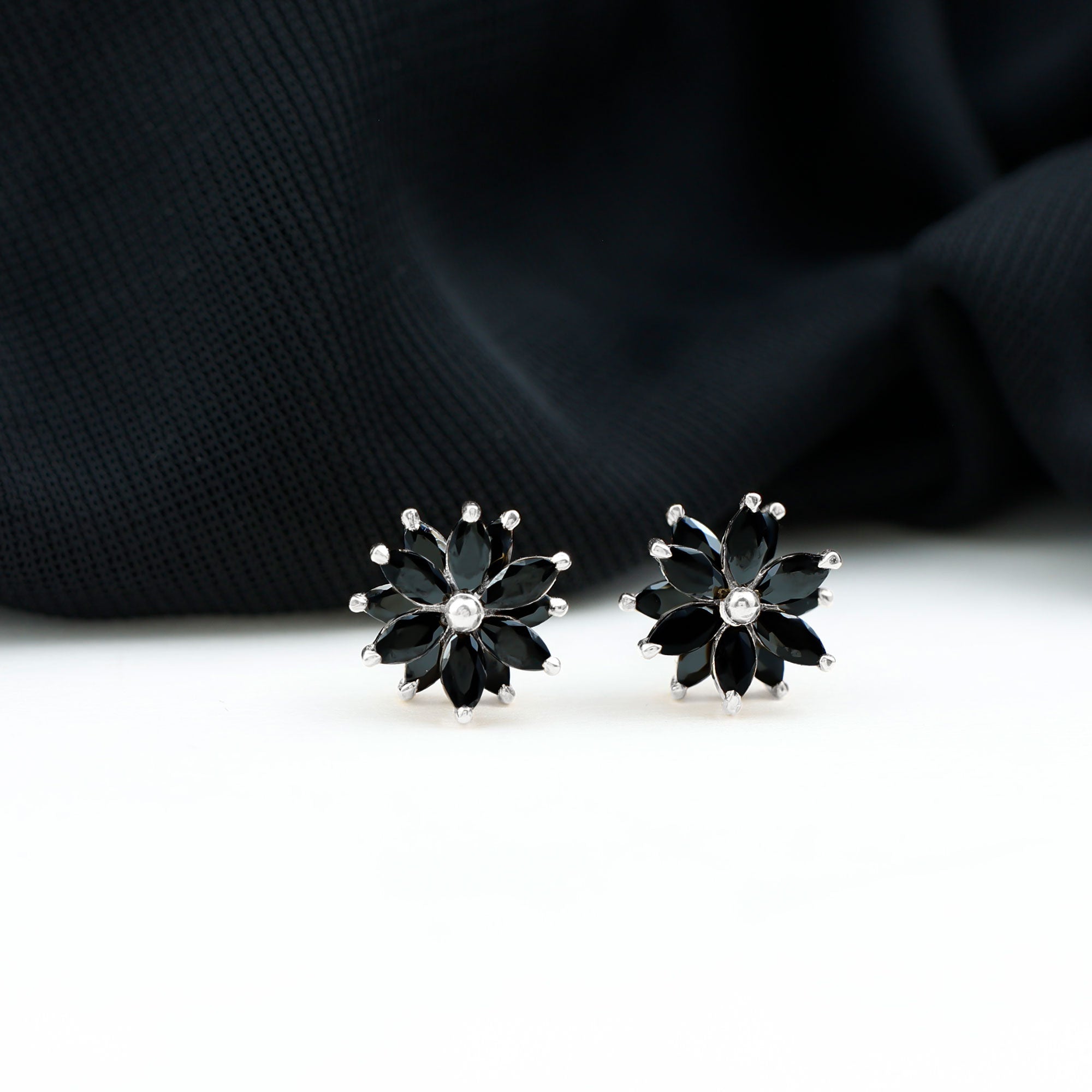 Black Onyx Earrings – Marquise Shape Floral Studs With Secure Screw Backs