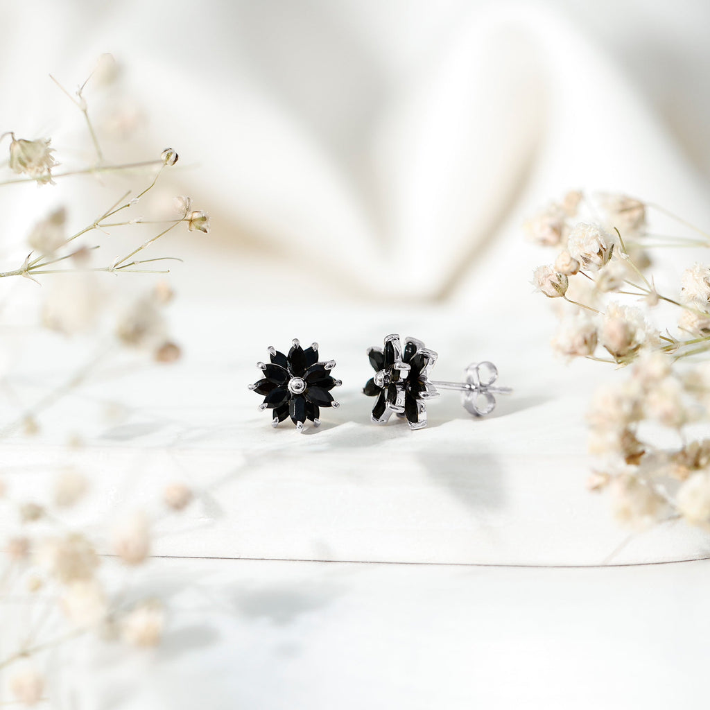Black Onyx Earrings – Marquise Shape Floral Studs With Secure Screw Backs