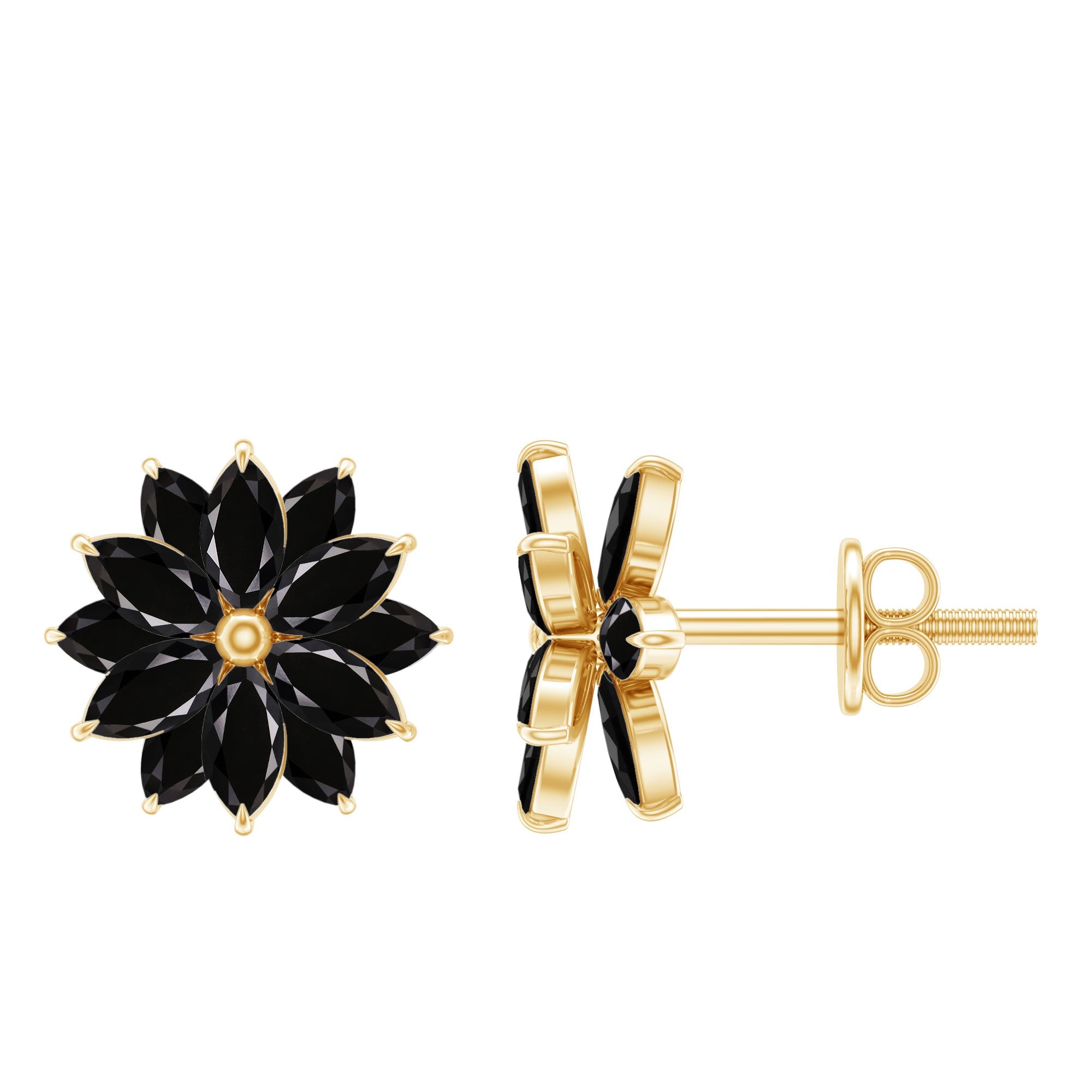 Black Onyx Earrings – Marquise Shape Floral Studs With Secure Screw Backs