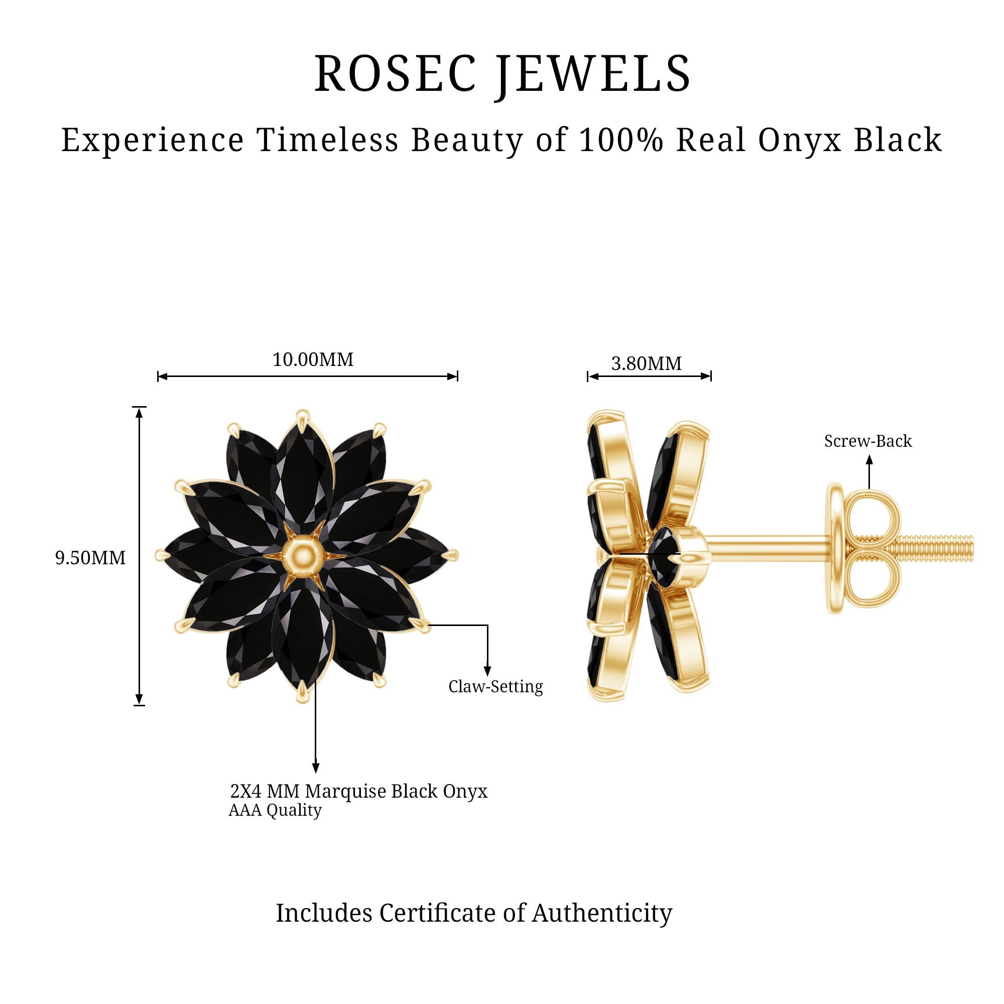 Black Onyx Earrings – Marquise Shape Floral Studs With Secure Screw Backs