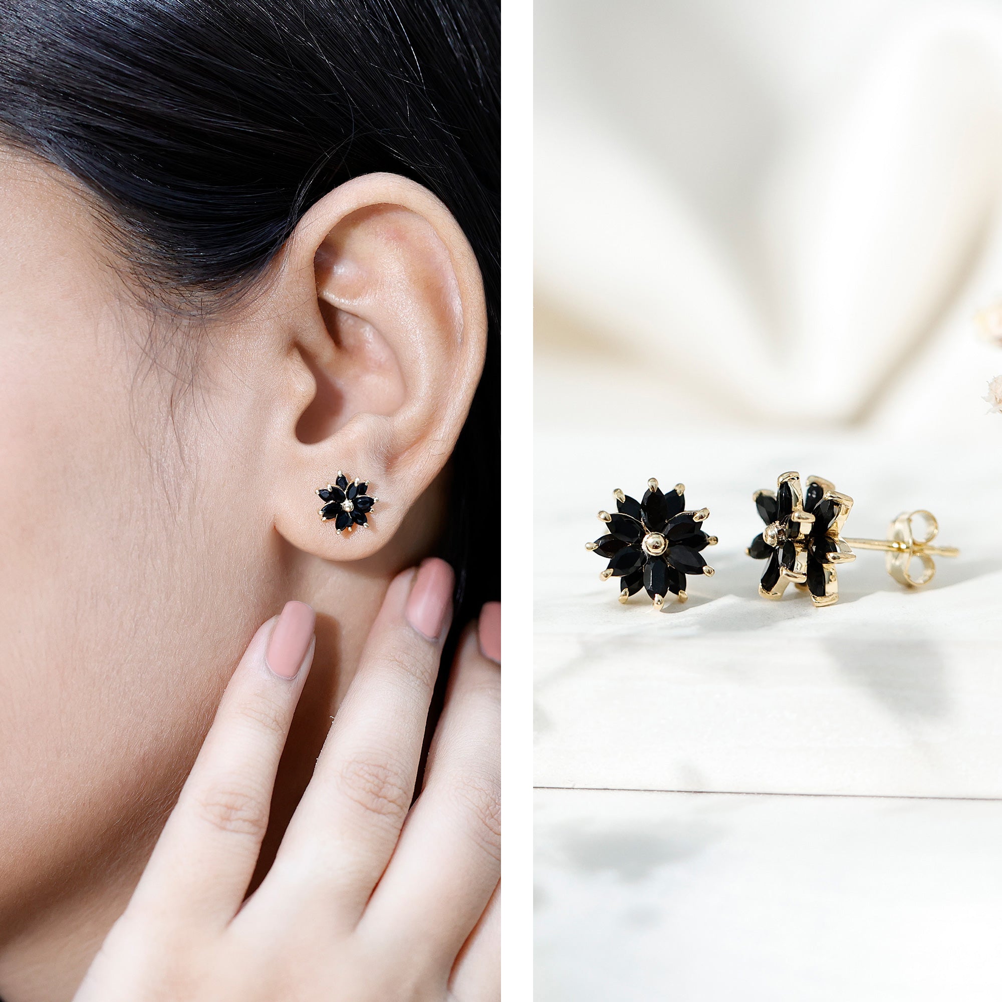 Black Onyx Earrings – Marquise Shape Floral Studs With Secure Screw Backs