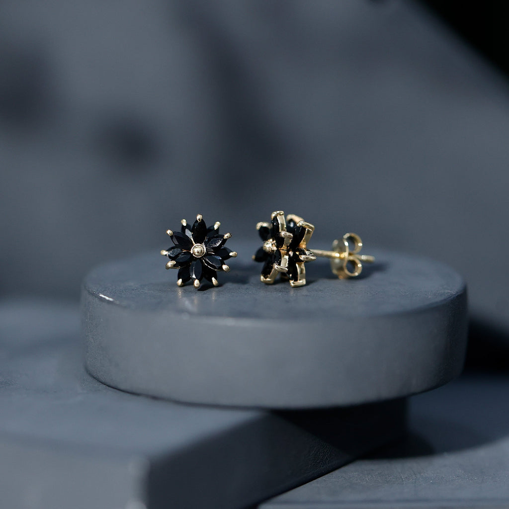 Black Onyx Earrings – Marquise Shape Floral Studs With Secure Screw Backs