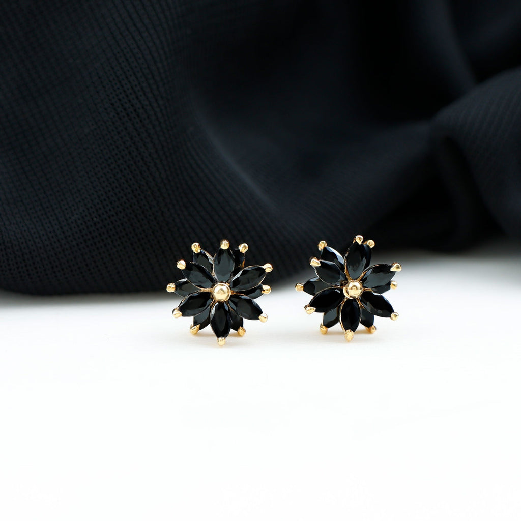 Black Onyx Earrings – Marquise Shape Floral Studs With Secure Screw Backs