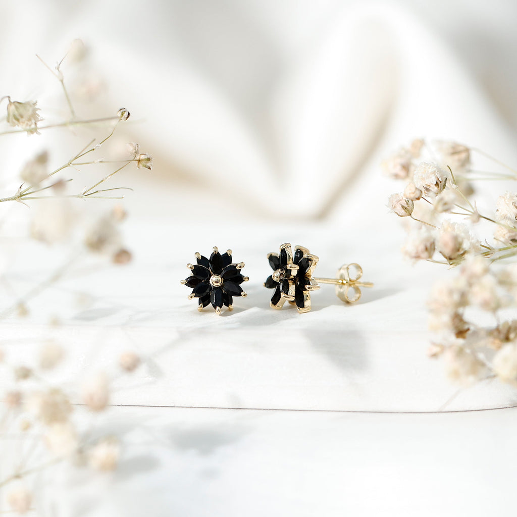 Black Onyx Earrings – Marquise Shape Floral Studs With Secure Screw Backs