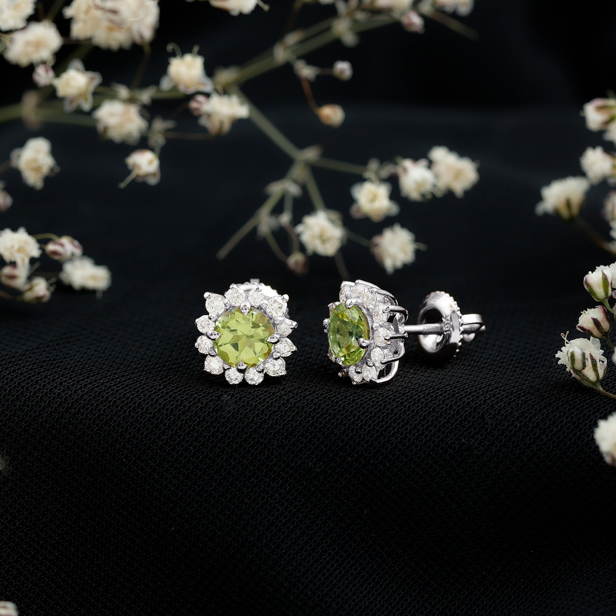 Peridot Stud Earrings – Diamond Halo Earrings | Green Gemstone Jewelry