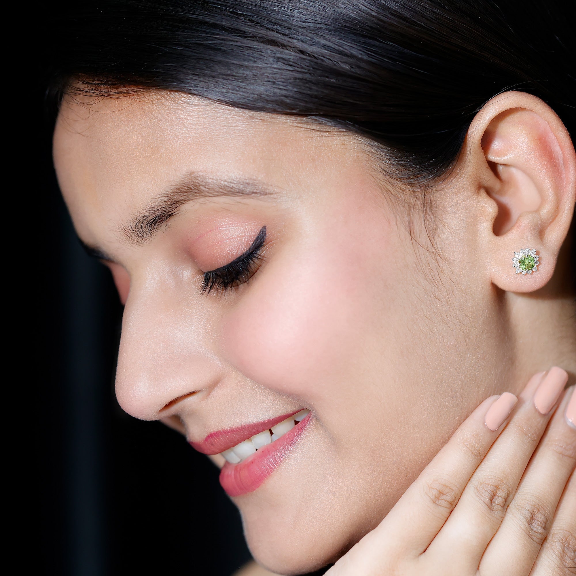 Peridot Stud Earrings – Diamond Halo Earrings | Green Gemstone Jewelry