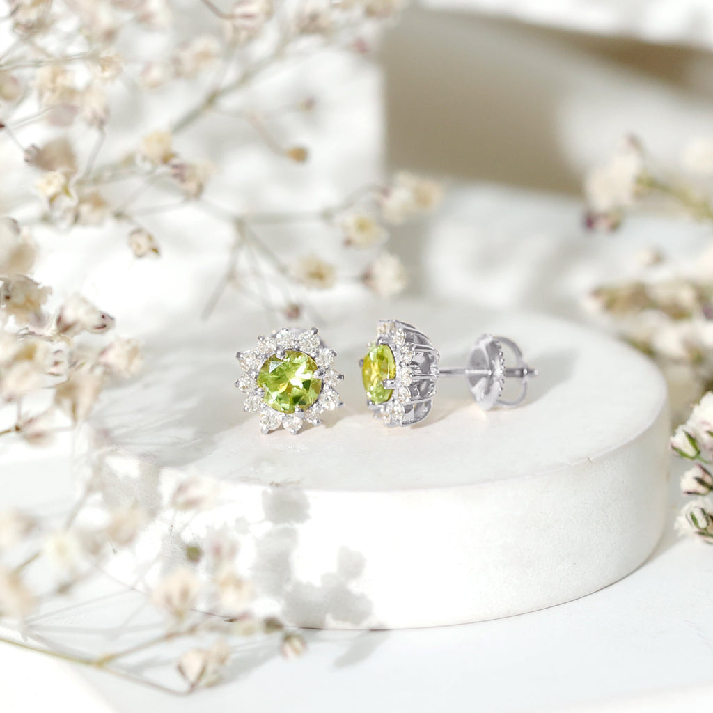 Peridot Stud Earrings – Diamond Halo Earrings | Green Gemstone Jewelry