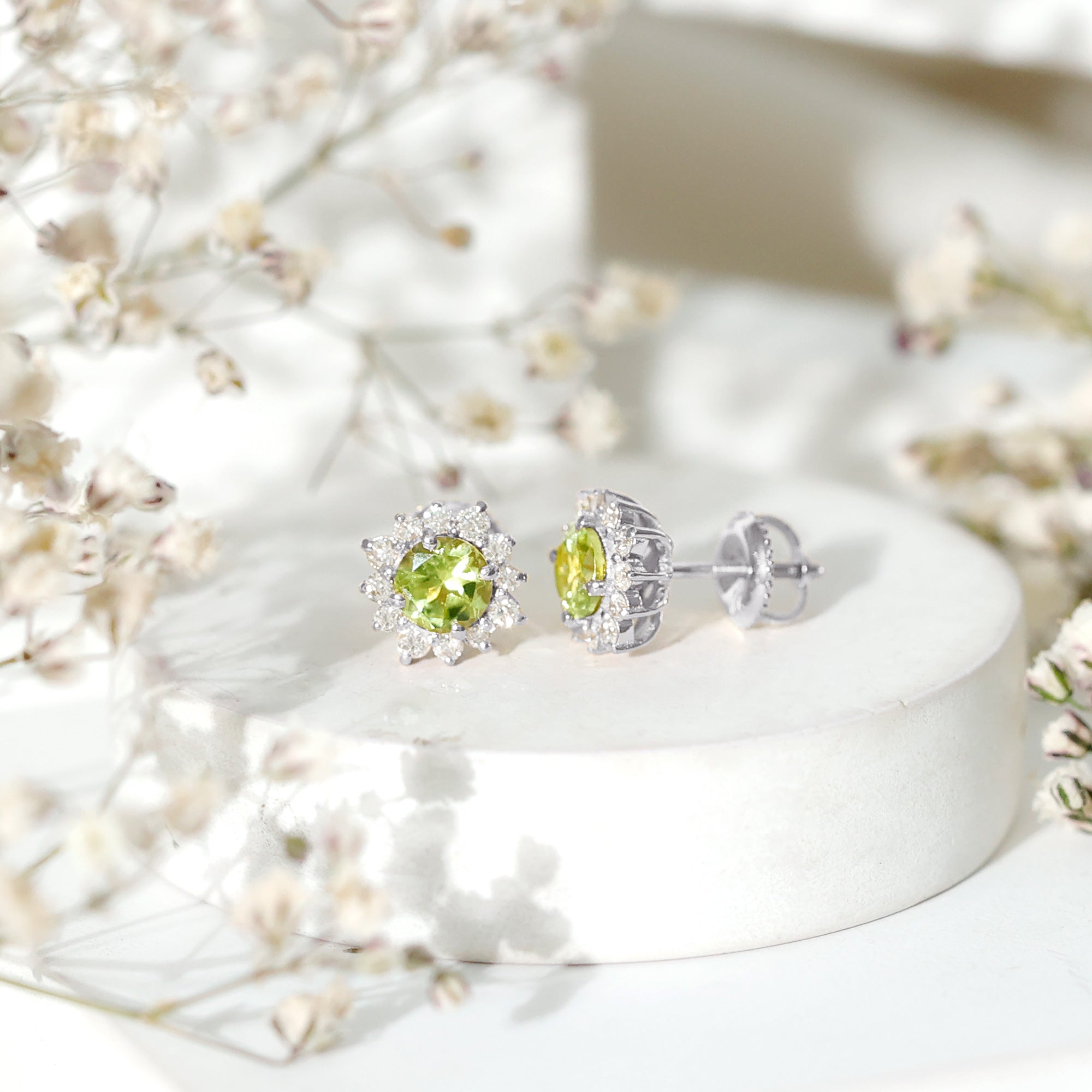 Peridot Stud Earrings – Diamond Halo Earrings | Green Gemstone Jewelry