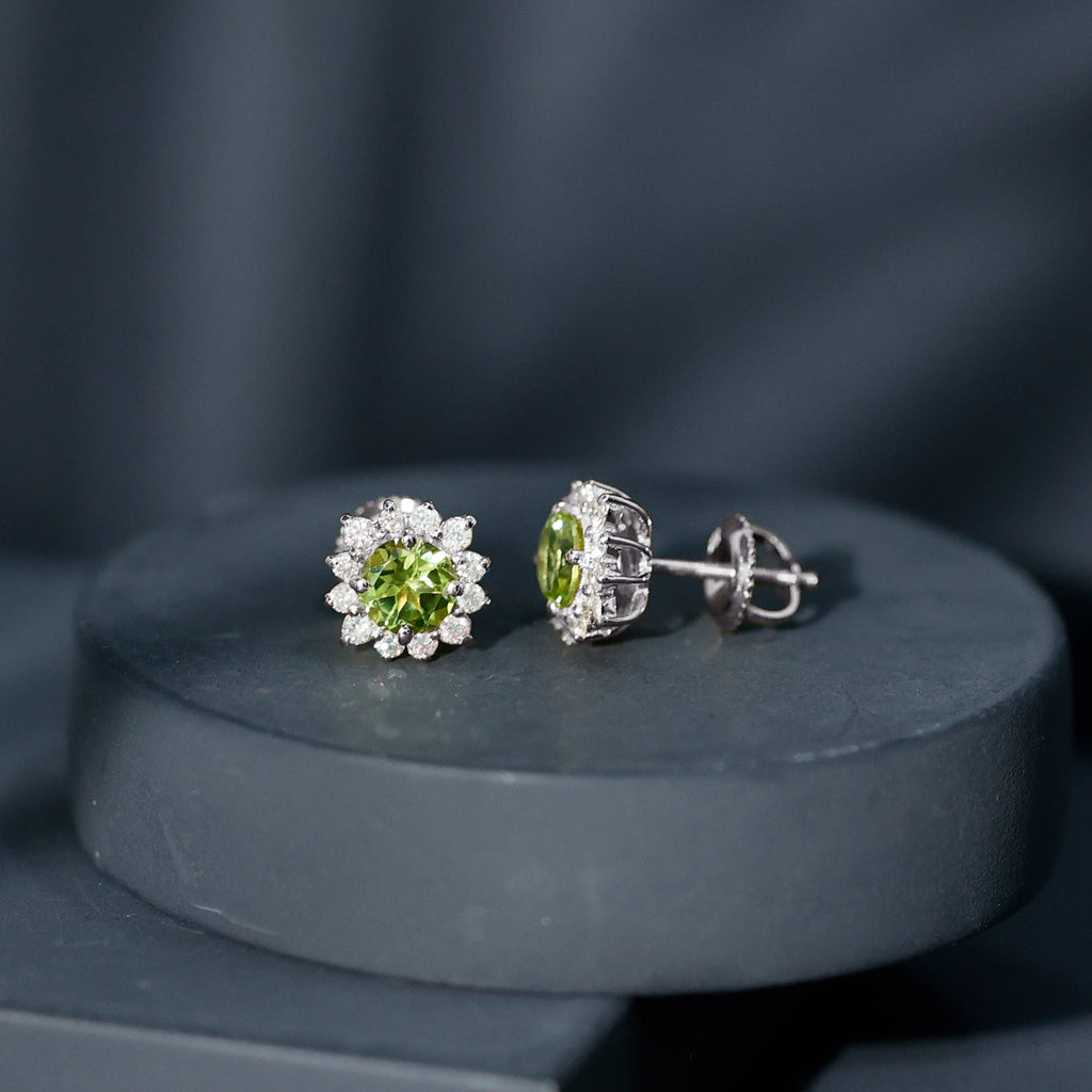 Peridot Stud Earrings – Diamond Halo Earrings | Green Gemstone Jewelry