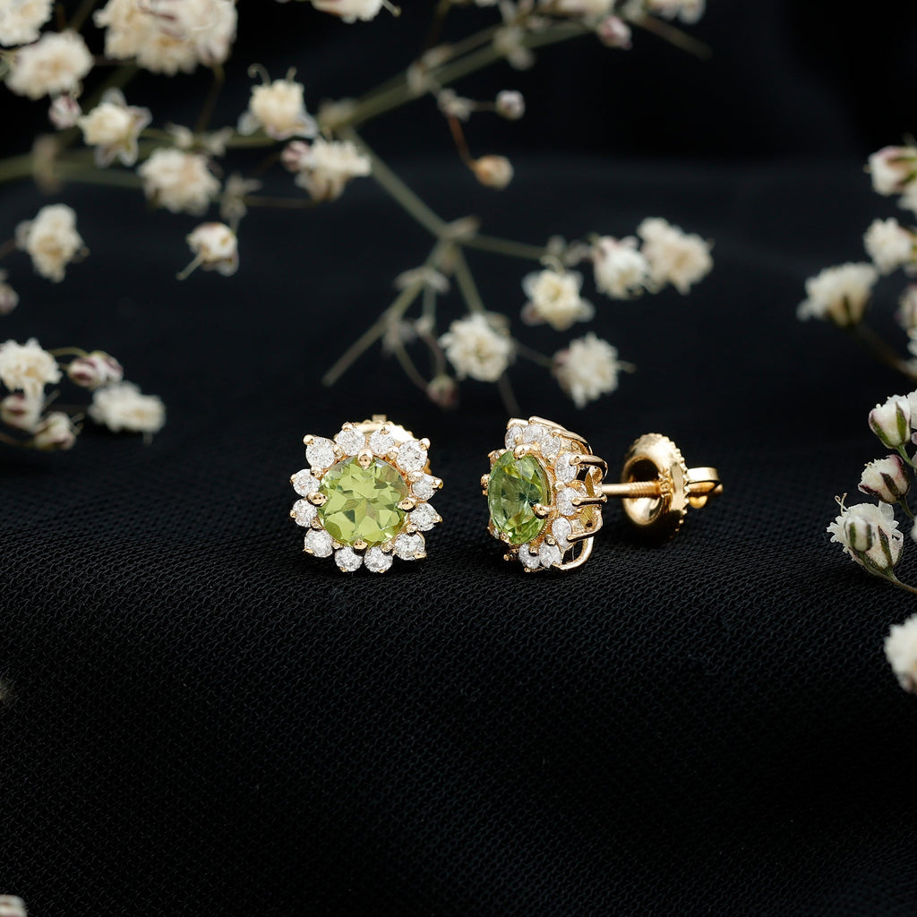 Peridot Stud Earrings – Diamond Halo Earrings | Green Gemstone Jewelry