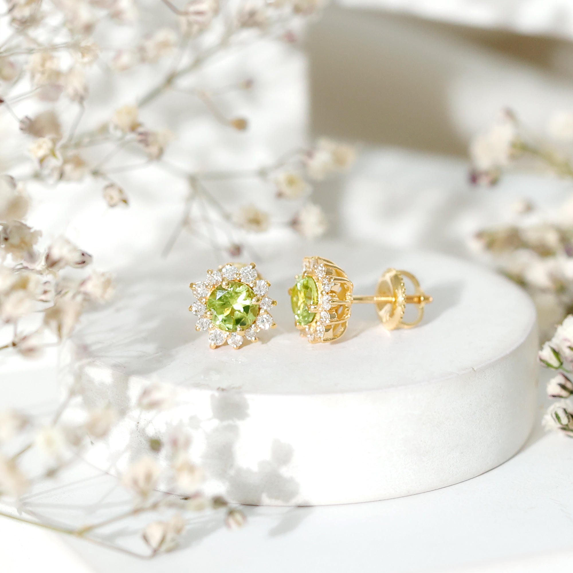 Peridot Stud Earrings – Diamond Halo Earrings | Green Gemstone Jewelry