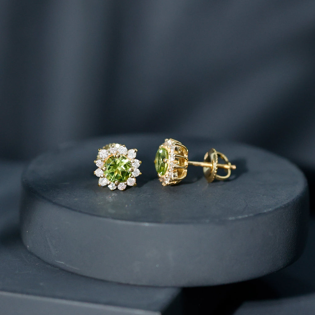 Peridot Stud Earrings – Diamond Halo Earrings | Green Gemstone Jewelry