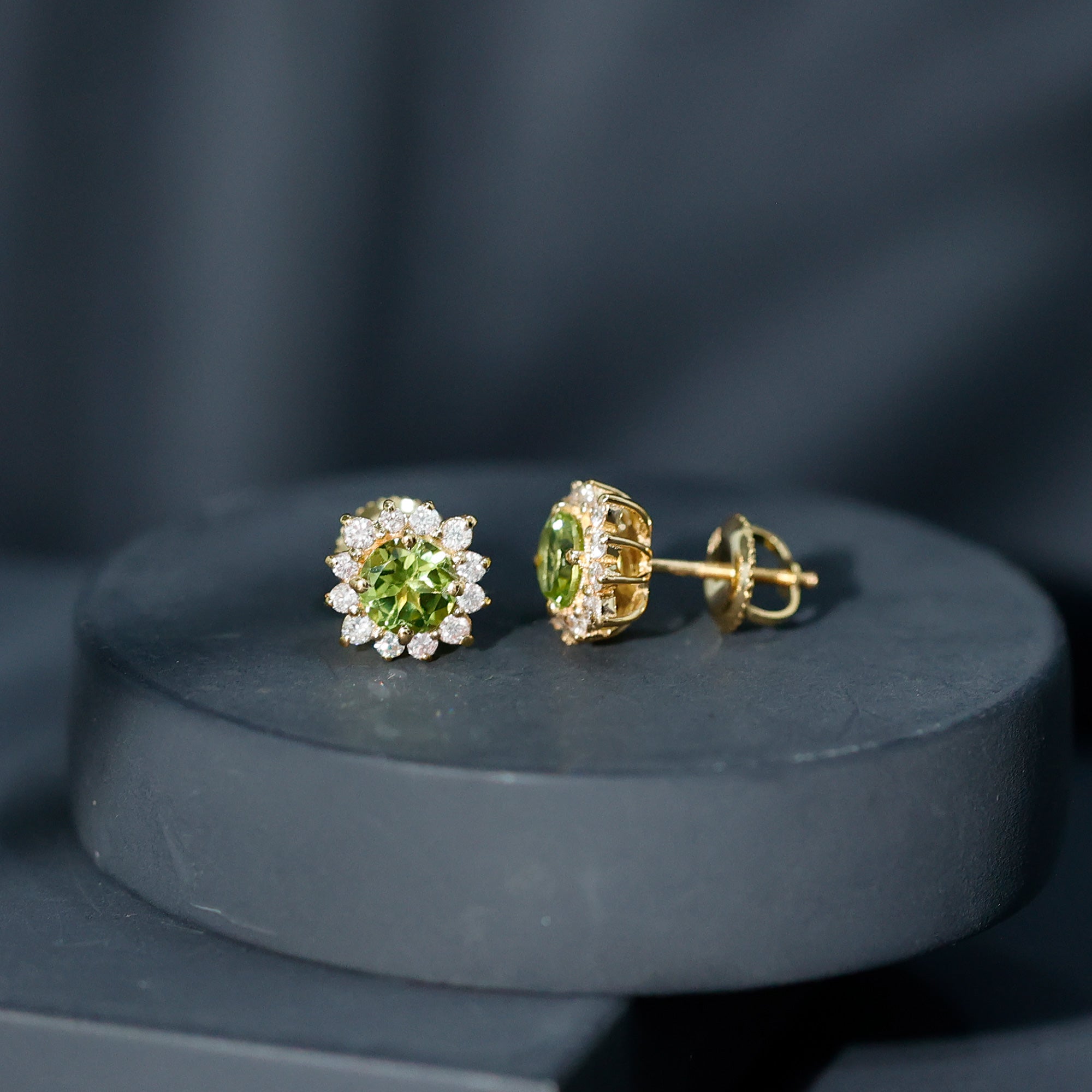 Peridot Stud Earrings – Diamond Halo Earrings | Green Gemstone Jewelry