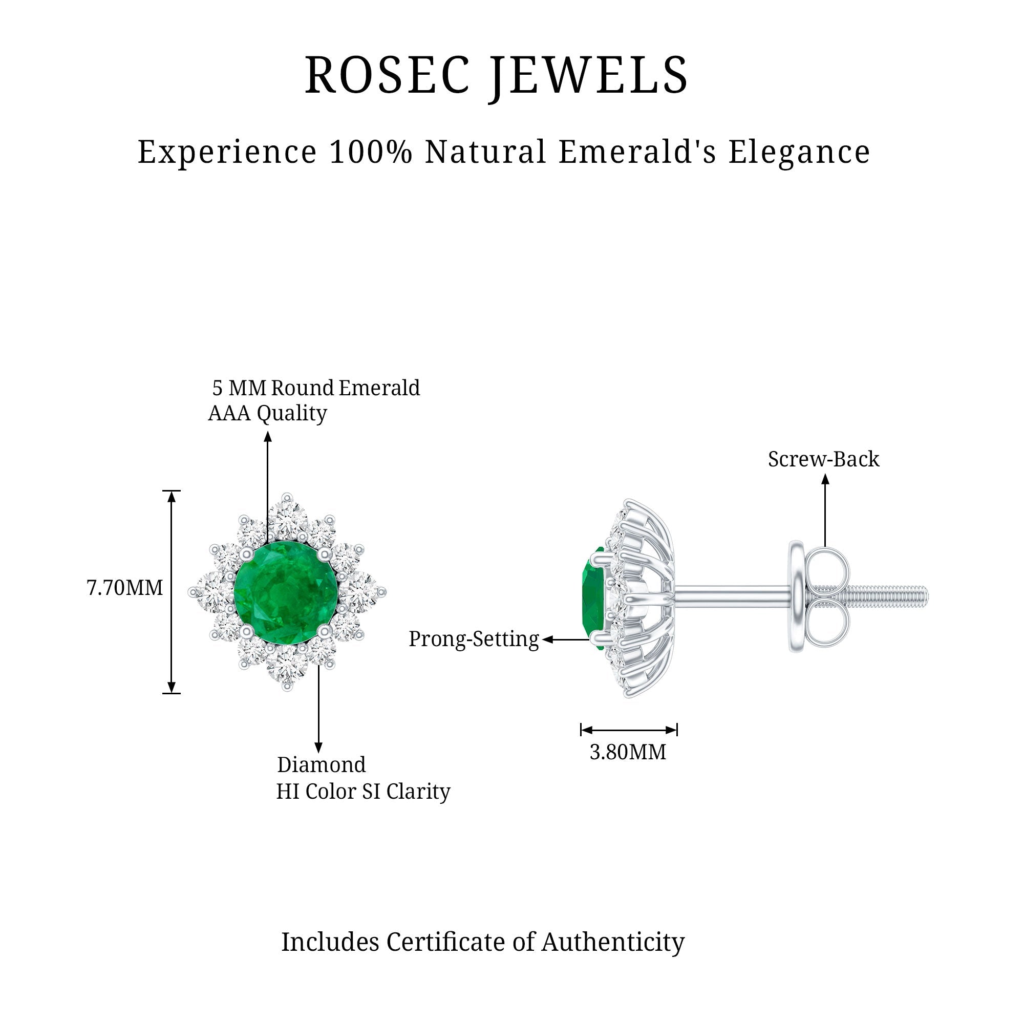 Emerald Stud Earrings – Classic Halo Earrings with Diamond Halo & 5MM Emerald Studs