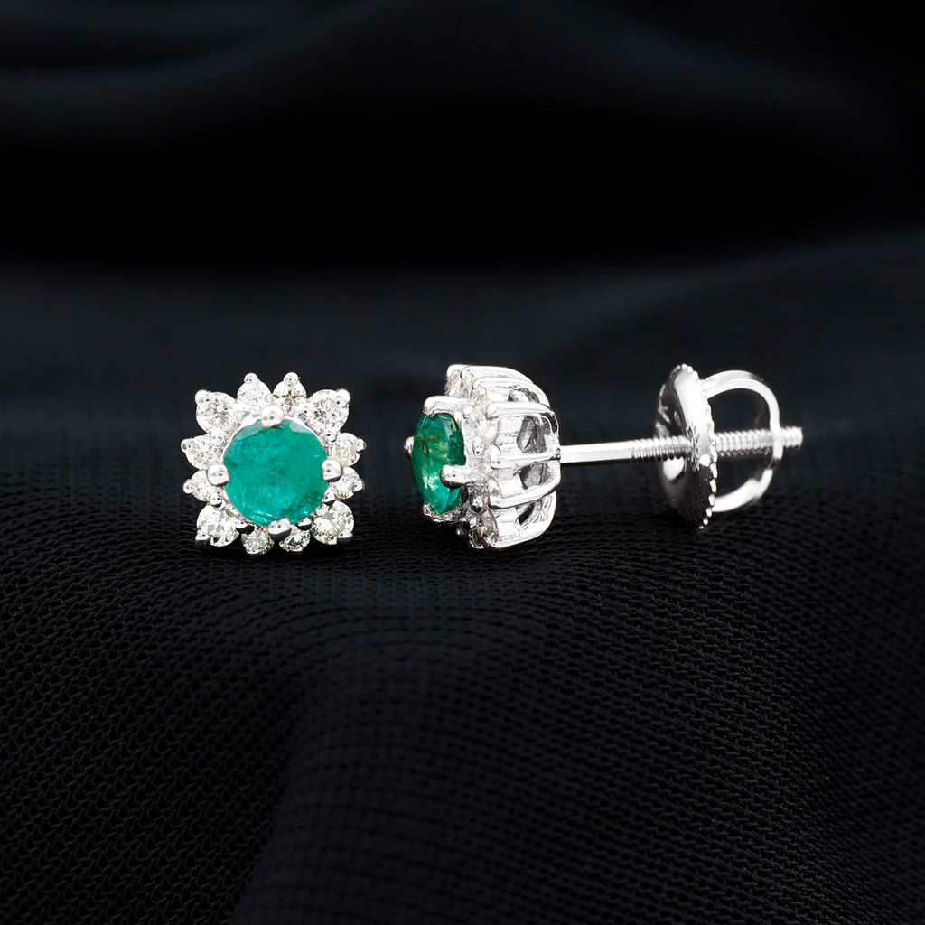Emerald Stud Earrings – Classic Halo Earrings with Diamond Halo & 5MM Emerald Studs