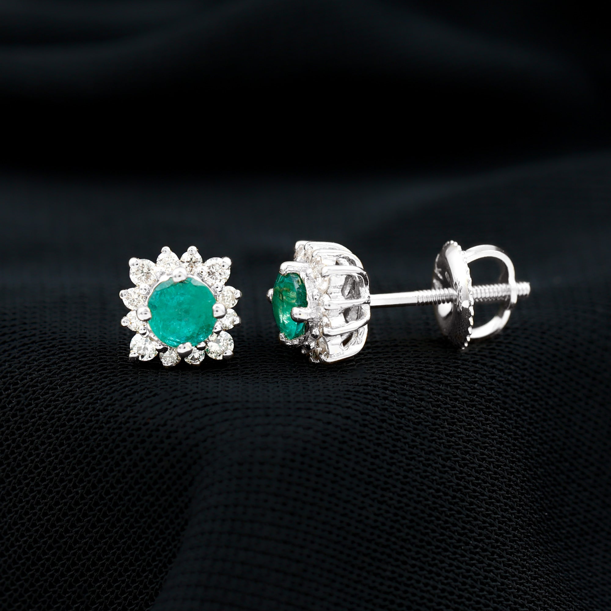 Emerald Stud Earrings – Classic Halo Earrings with Diamond Halo & 5MM Emerald Studs
