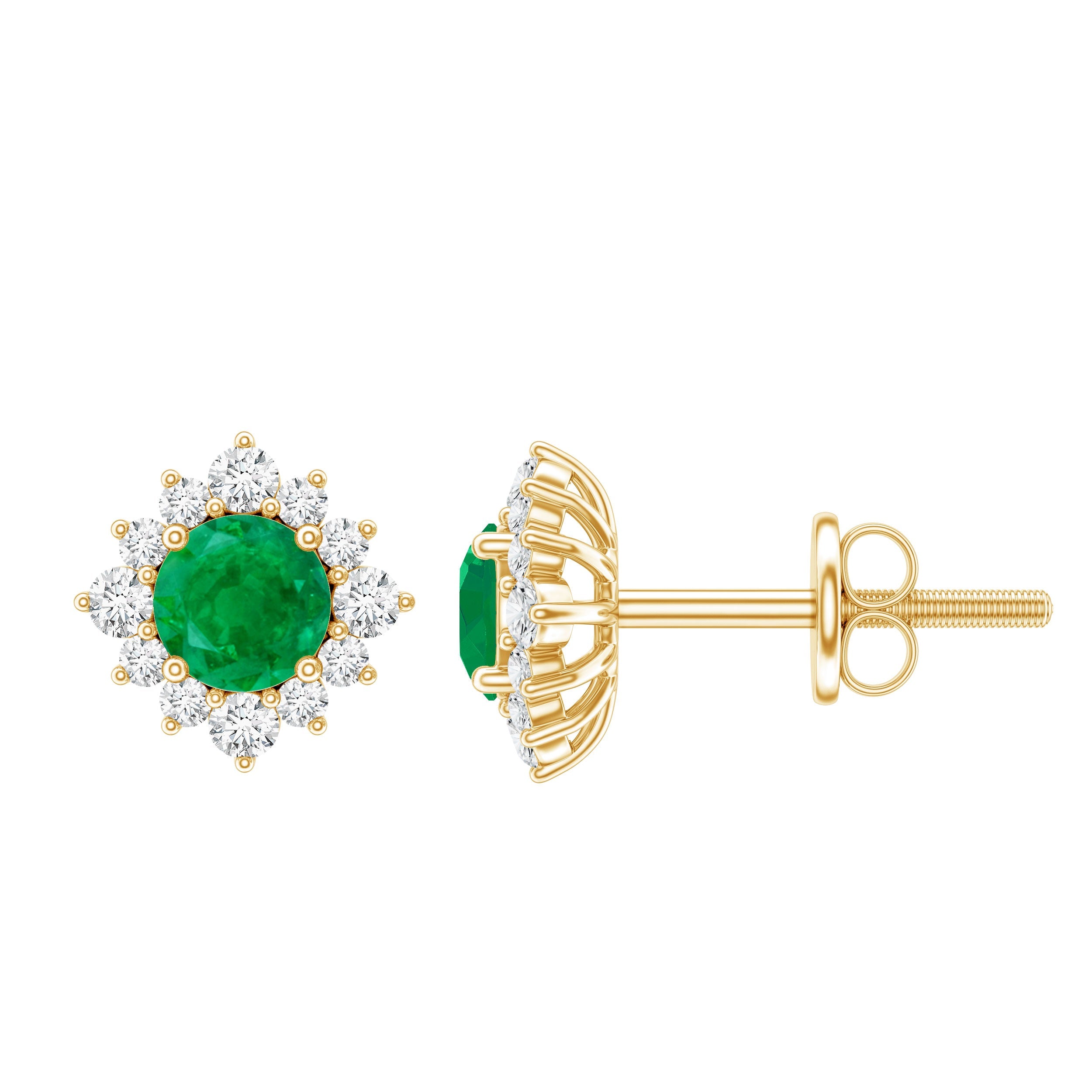 Emerald Stud Earrings – Classic Halo Earrings with Diamond Halo & 5MM Emerald Studs