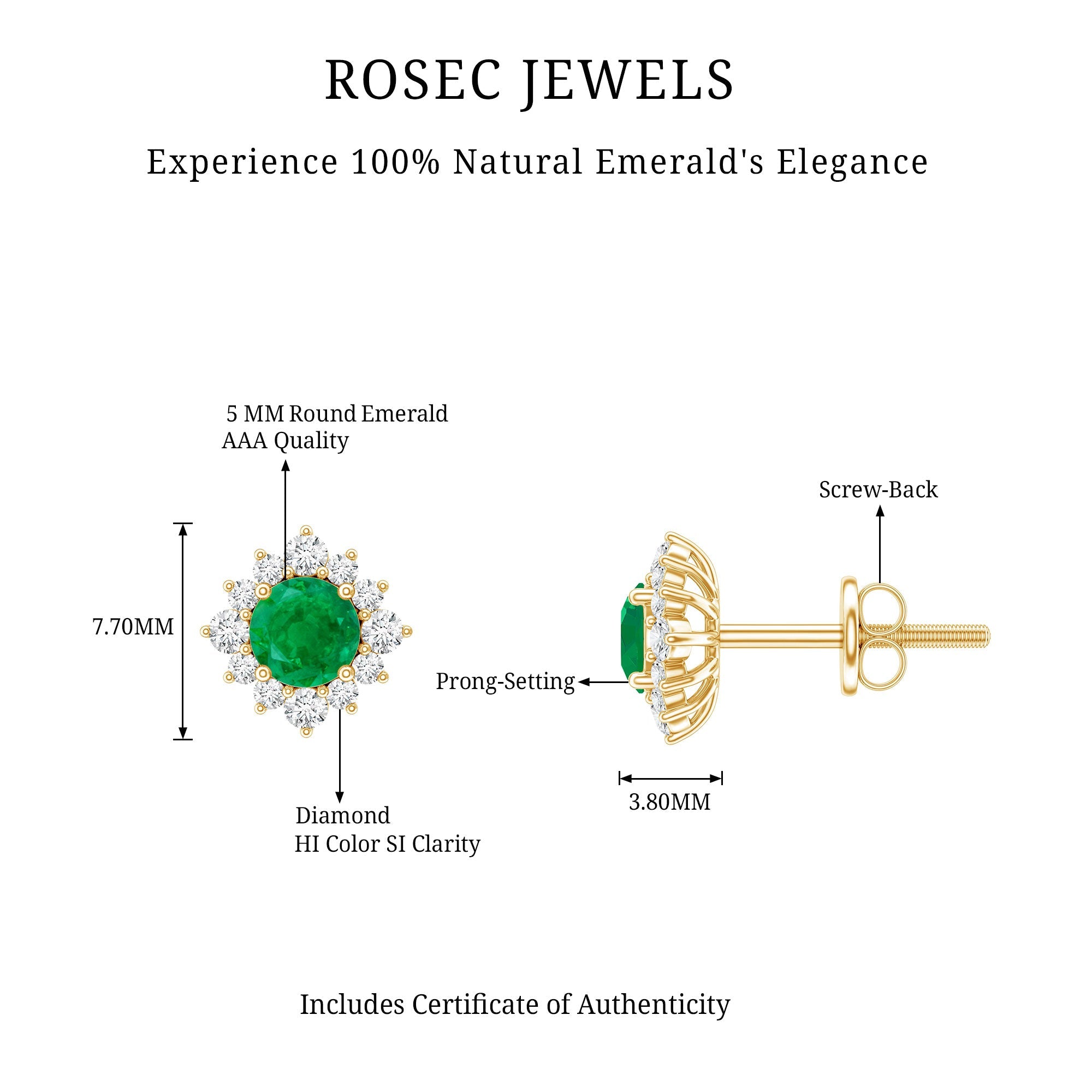 Emerald Stud Earrings – Classic Halo Earrings with Diamond Halo & 5MM Emerald Studs