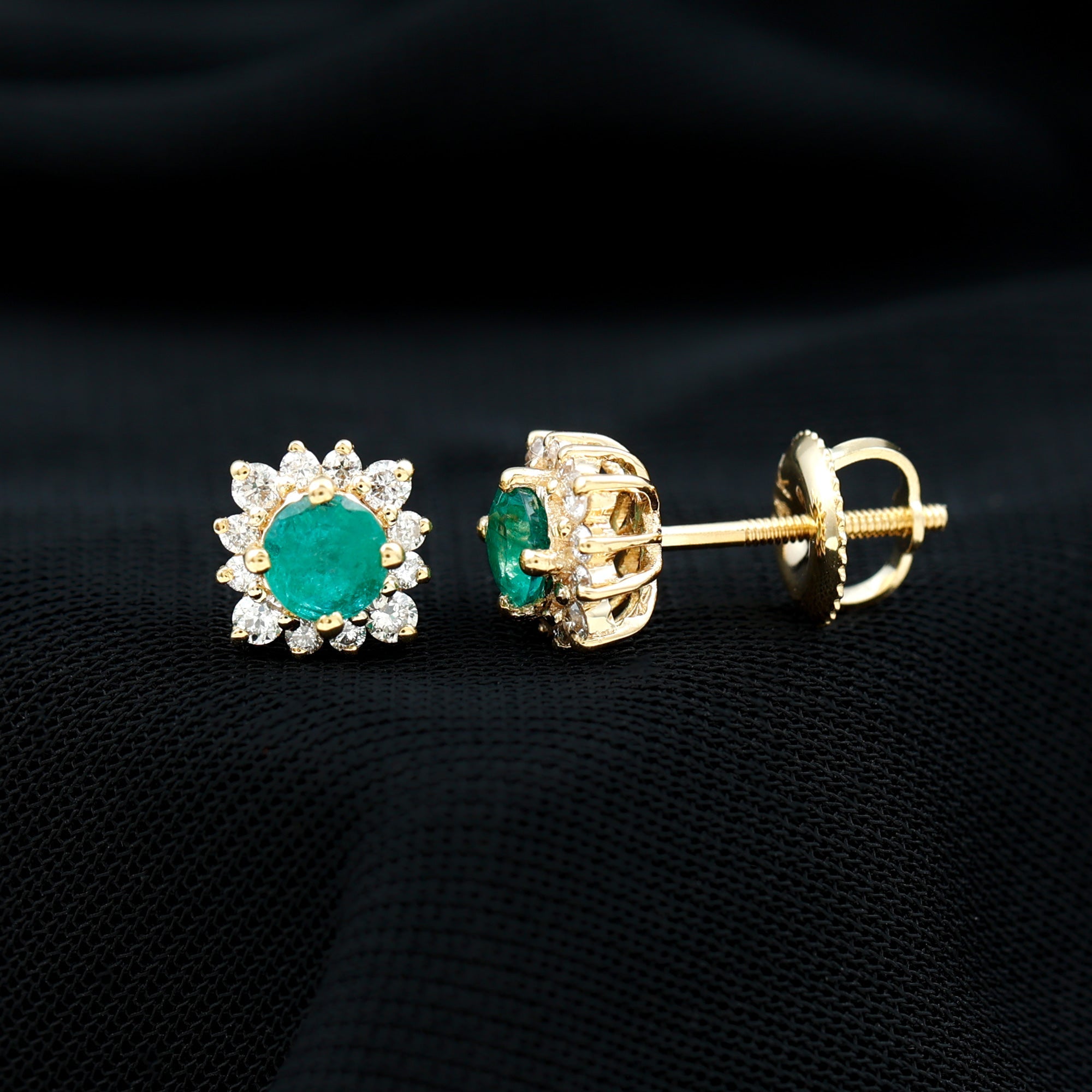 Emerald Stud Earrings – Classic Halo Earrings with Diamond Halo & 5MM Emerald Studs
