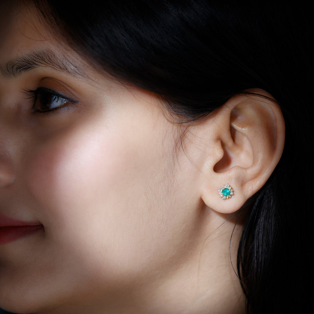 Emerald Stud Earrings – Classic Halo Earrings with Diamond Halo & 5MM Emerald Studs