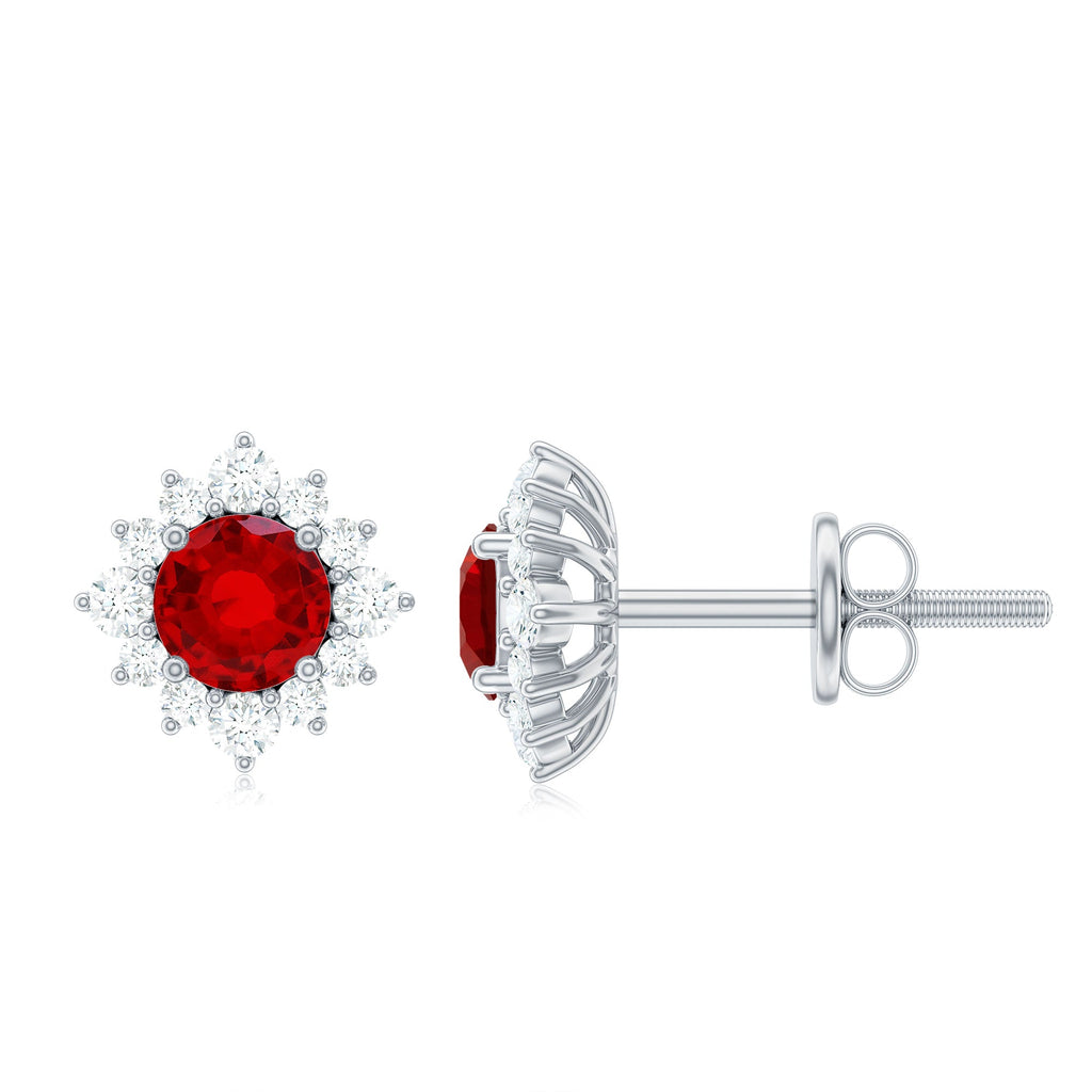 Created Ruby Stud Earrings - Classic Solid Gold Halo Stud Earrings with Diamond