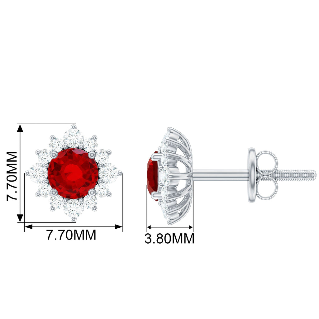 Created Ruby Stud Earrings - Classic Solid Gold Halo Stud Earrings with Diamond