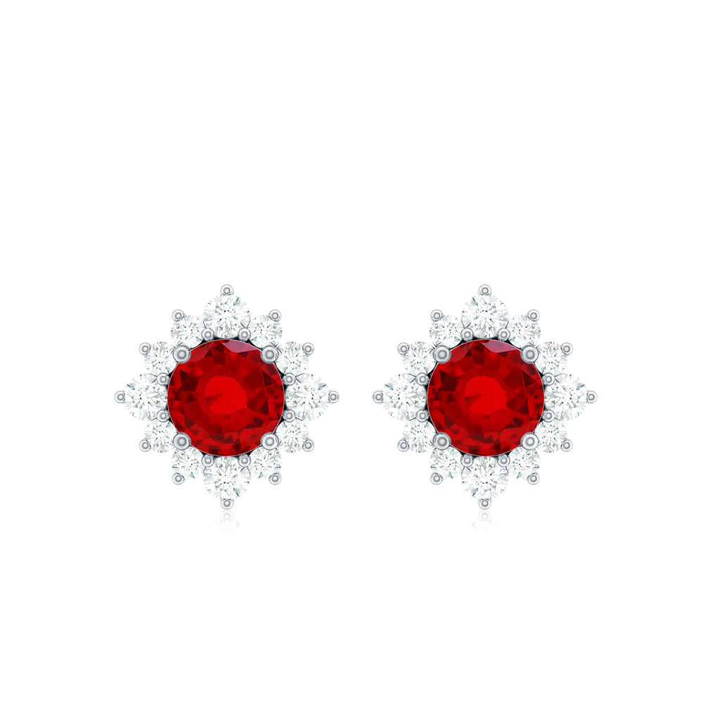 Created Ruby Stud Earrings - Classic Solid Gold Halo Stud Earrings with Diamond