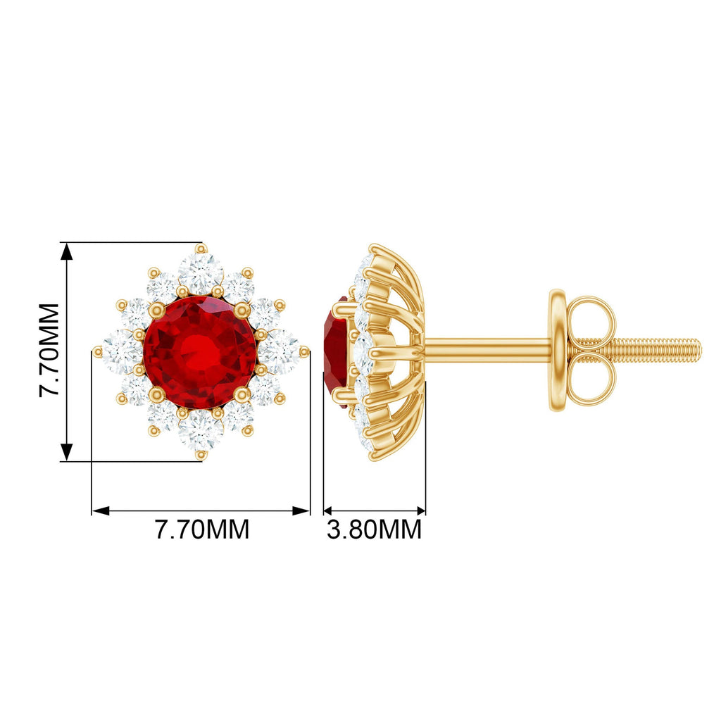 Created Ruby Stud Earrings - Classic Solid Gold Halo Stud Earrings with Diamond