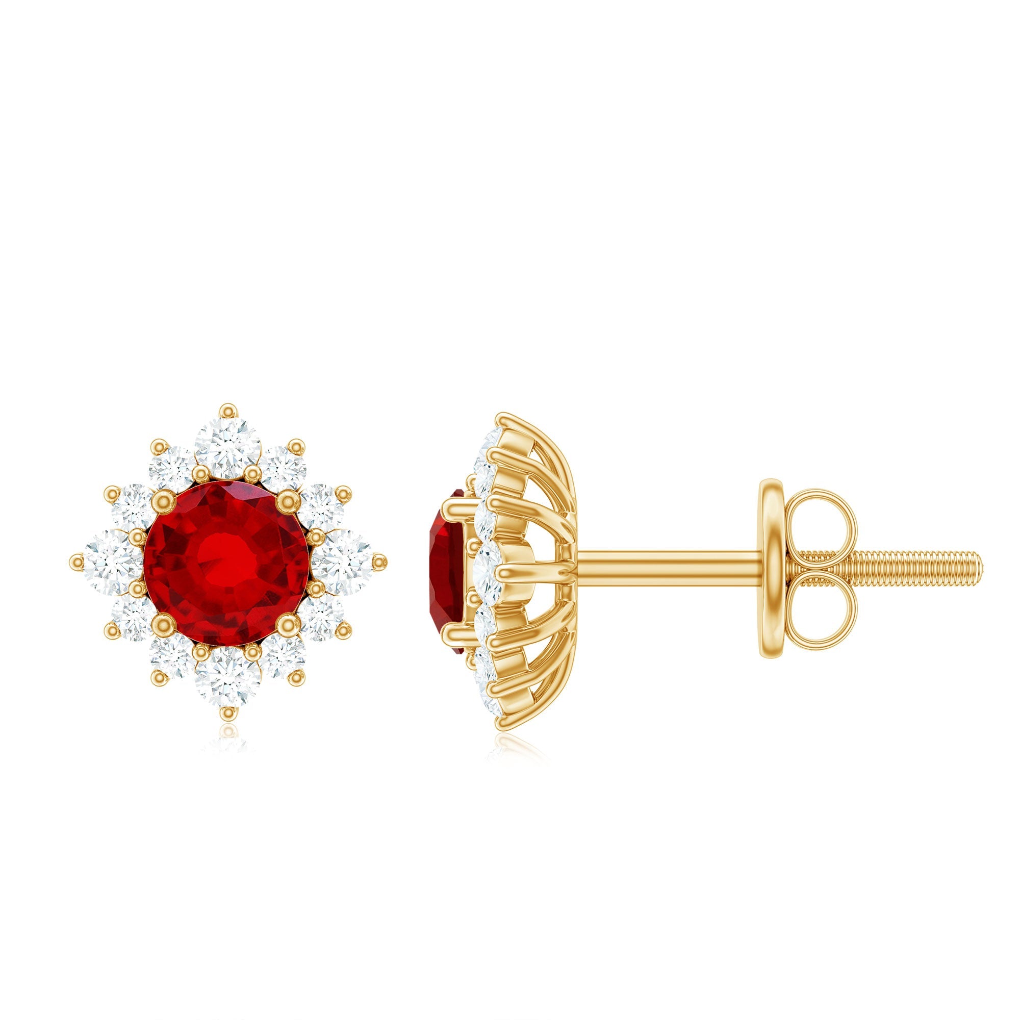 Created Ruby Stud Earrings - Classic Solid Gold Halo Stud Earrings with Diamond