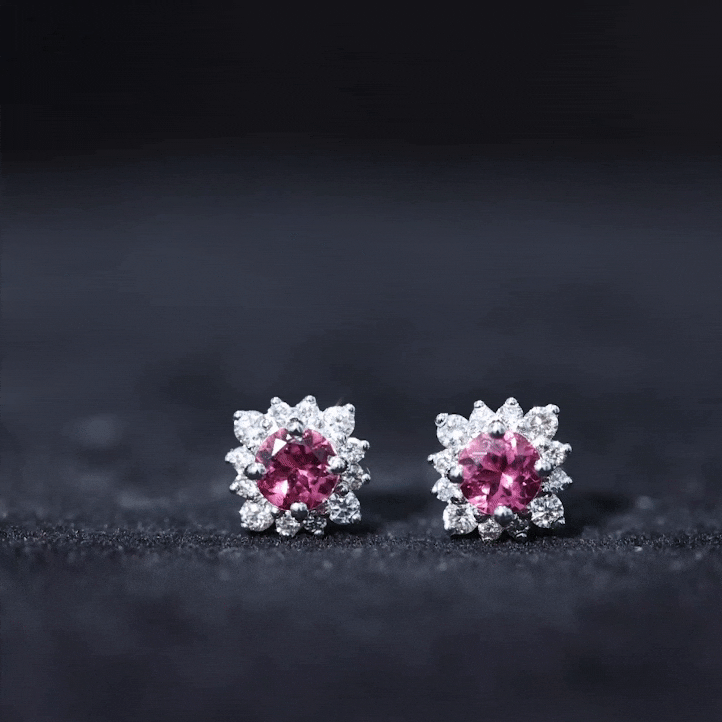 Pink Tourmaline Earrings – Round Cut AAA Tourmaline Stud Earrings with Diamond Halo