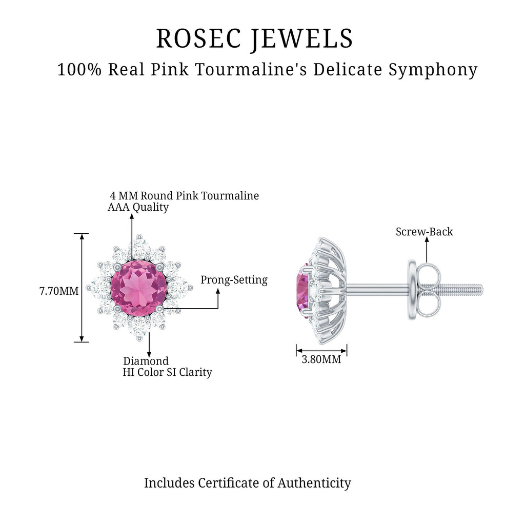Pink Tourmaline Earrings – Round Cut AAA Tourmaline Stud Earrings with Diamond Halo
